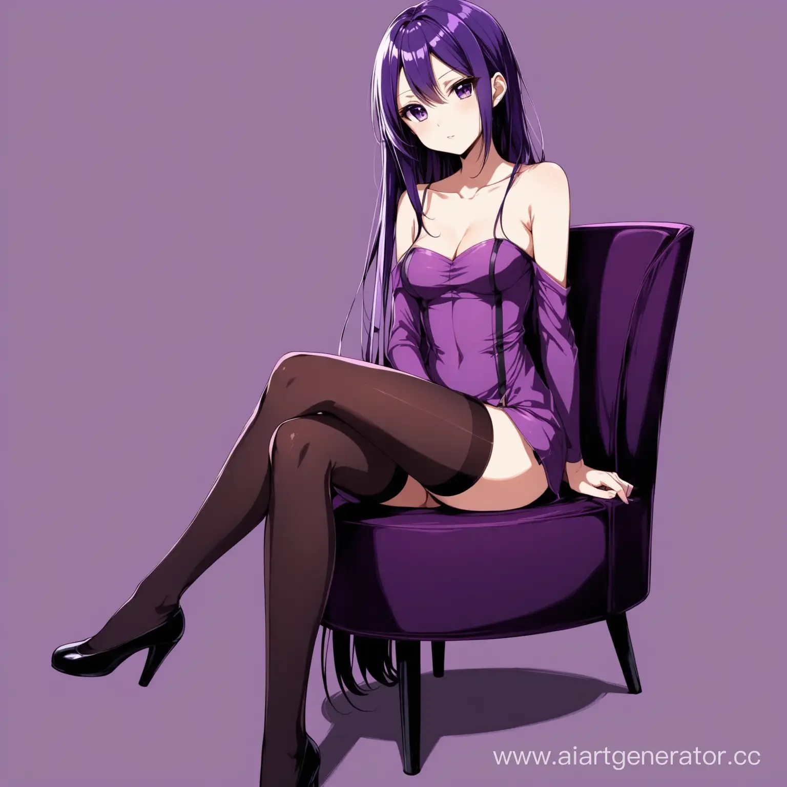 Стройная аниме девушка с оголенными плечами в чулках и фиолетовой одежде с пурпурными волосами сидит скрестив ноги