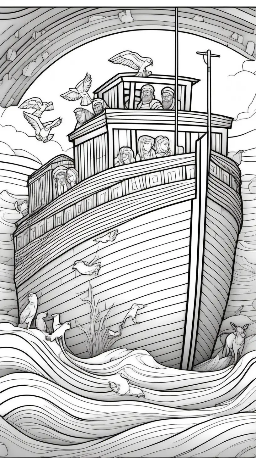Noahs Ark Coloring Page for Adults Dramatic Blocky Style with Rainbow Background