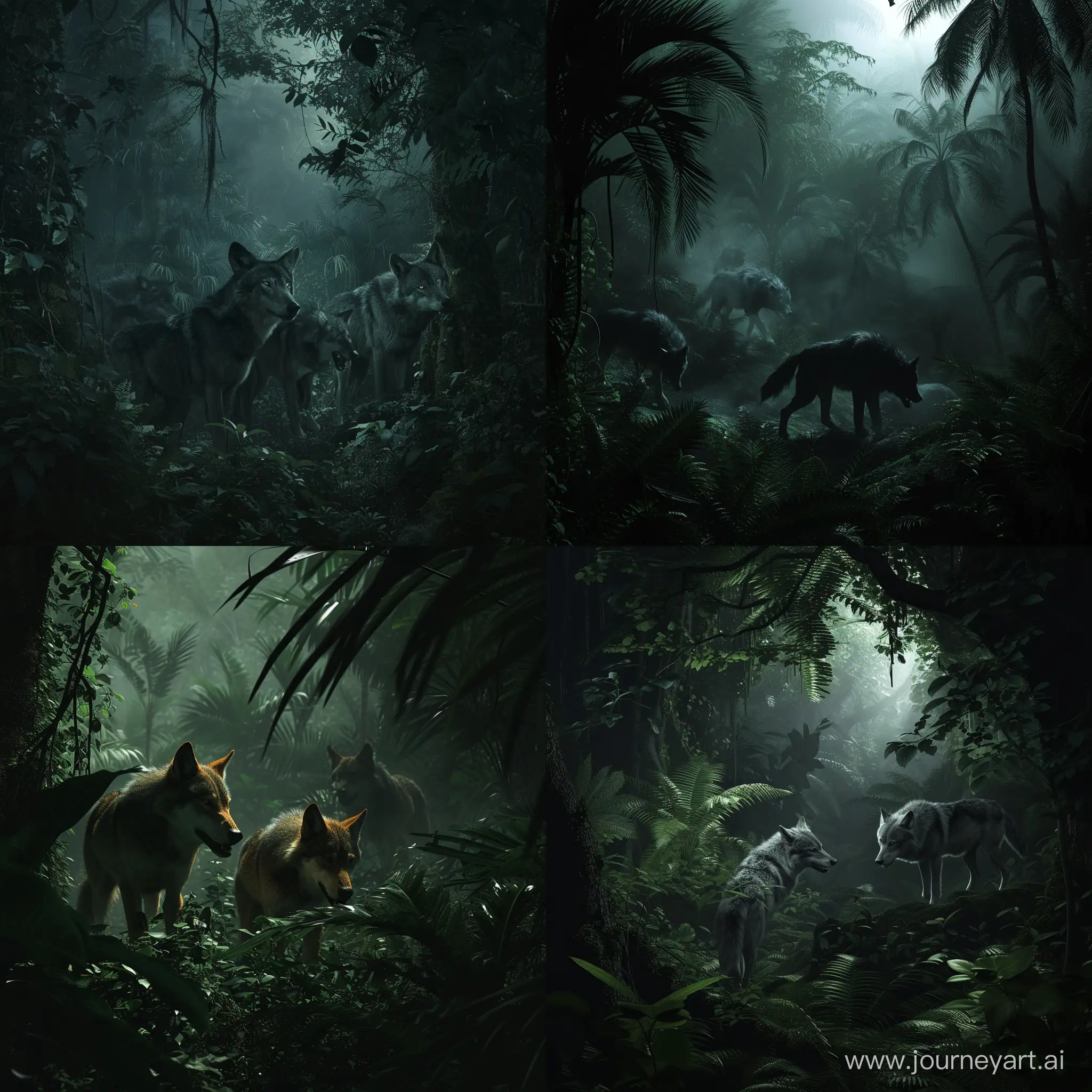 A dark jungle with booming wolves