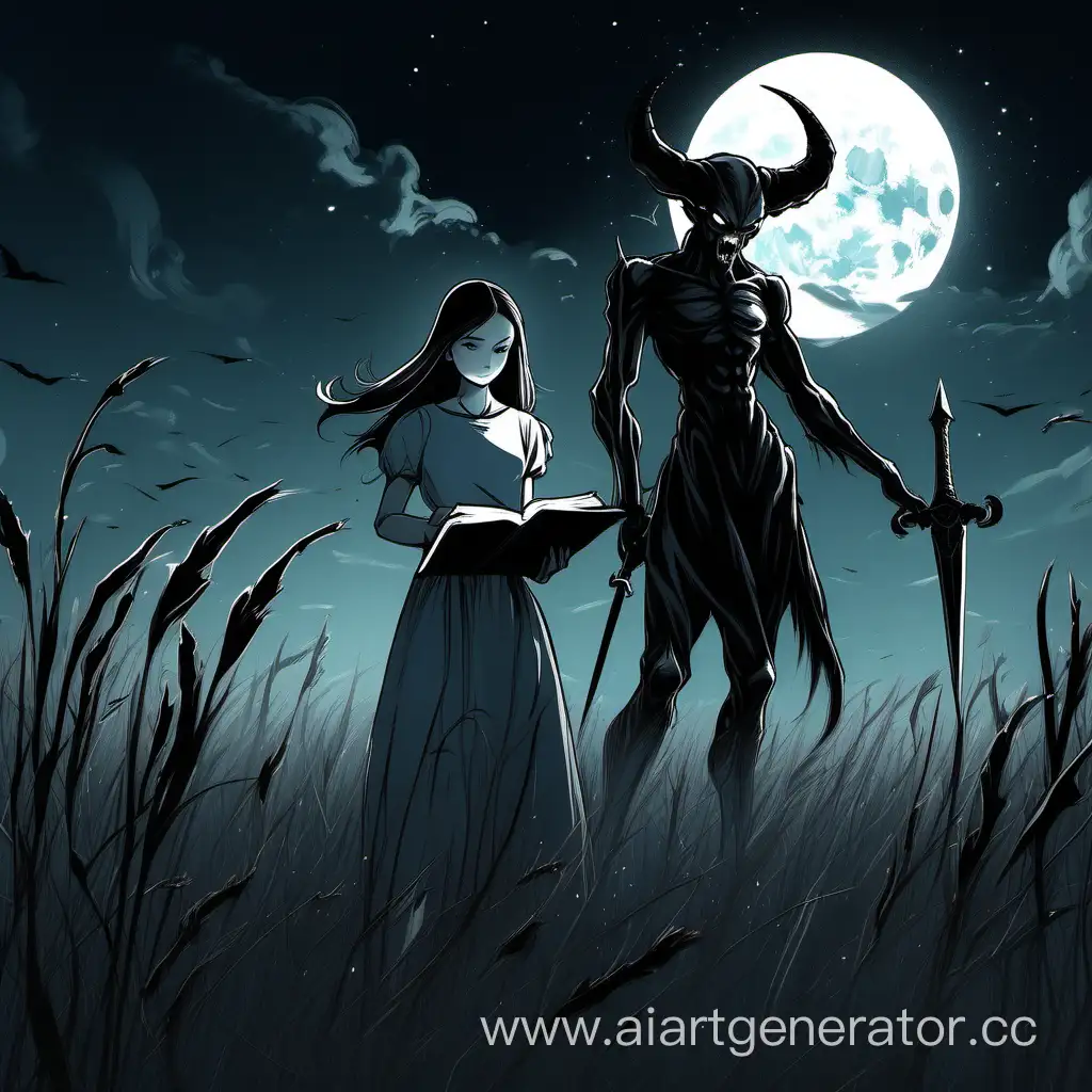 Девочка стоит одна в поле ночью в полнолуние и держит в руках большую черную книгу, а рядом с ней Демон в виде человека большого роста выше девочки на половину с мечом в руках, ее охраняет, 
