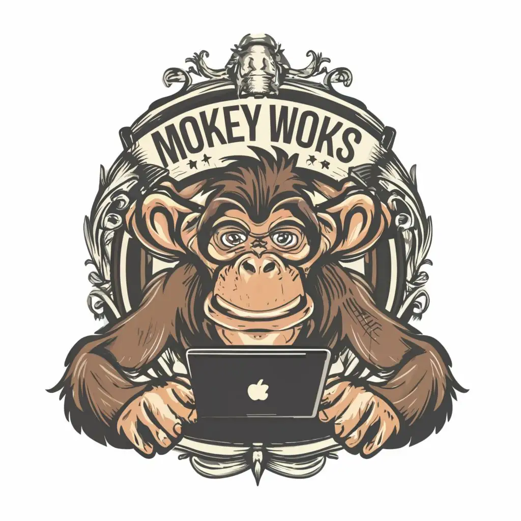 logo, graphic design monkey with a laptop, with the text "Monkey Works", typography