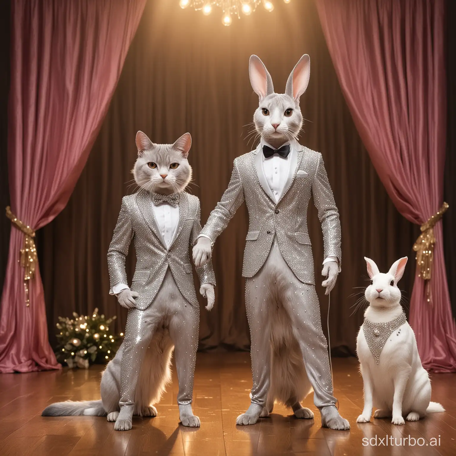 Elegant-Animal-Trio-in-Glamorous-Attire-on-Stage-with-Sparkling-Lights