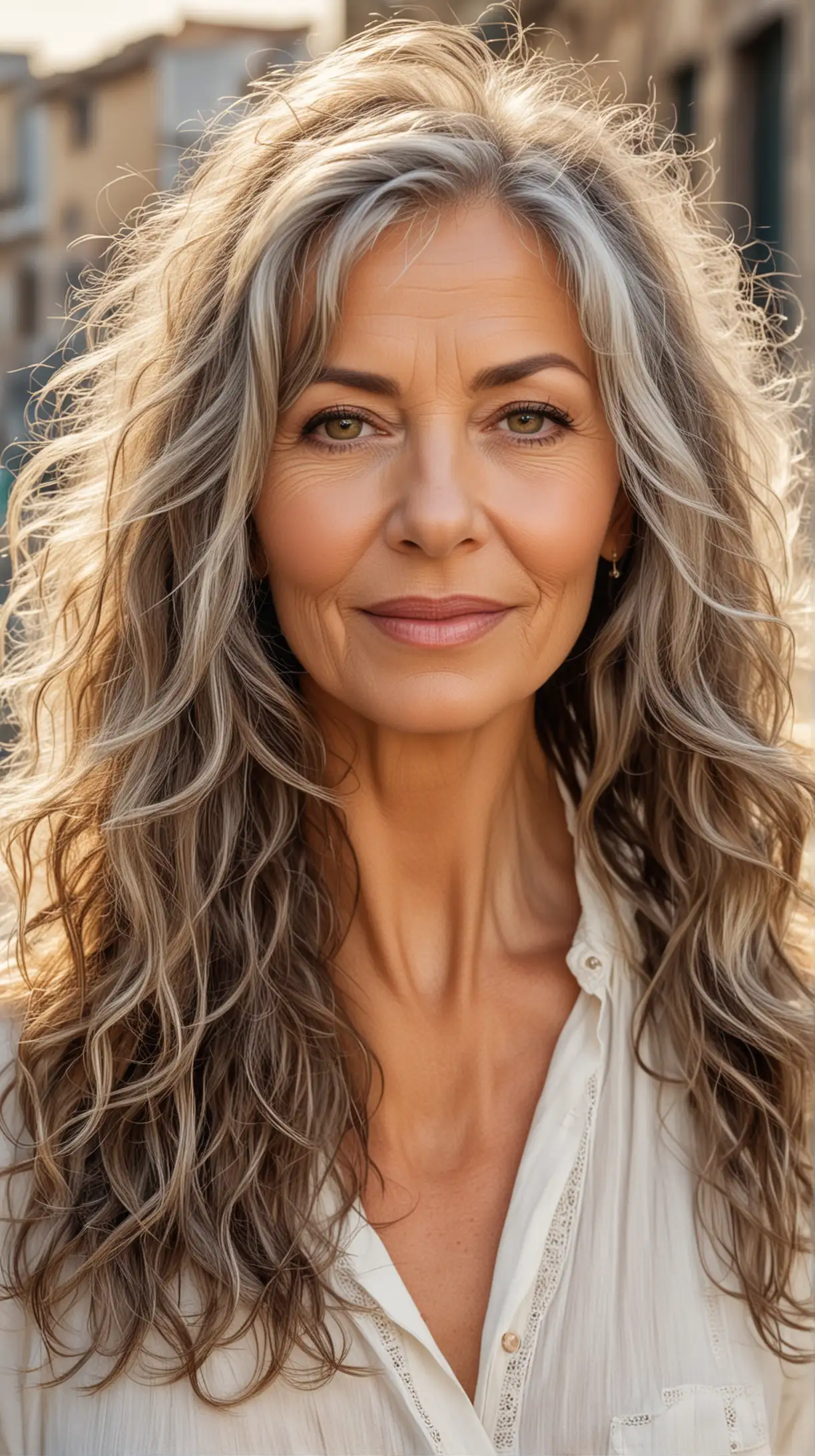 Beautiful woman of model appearance, over 60 years old, haircut - Bohemian Long with Beach Waves, oval and face, background - urban