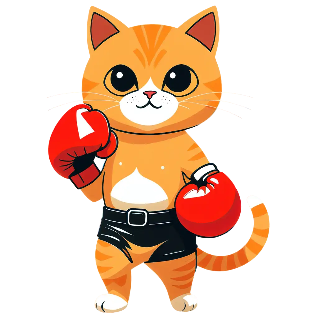 An illustration 2d, minimalistic, of cute cat wearing two boxing gloves, Simple drawing, white background