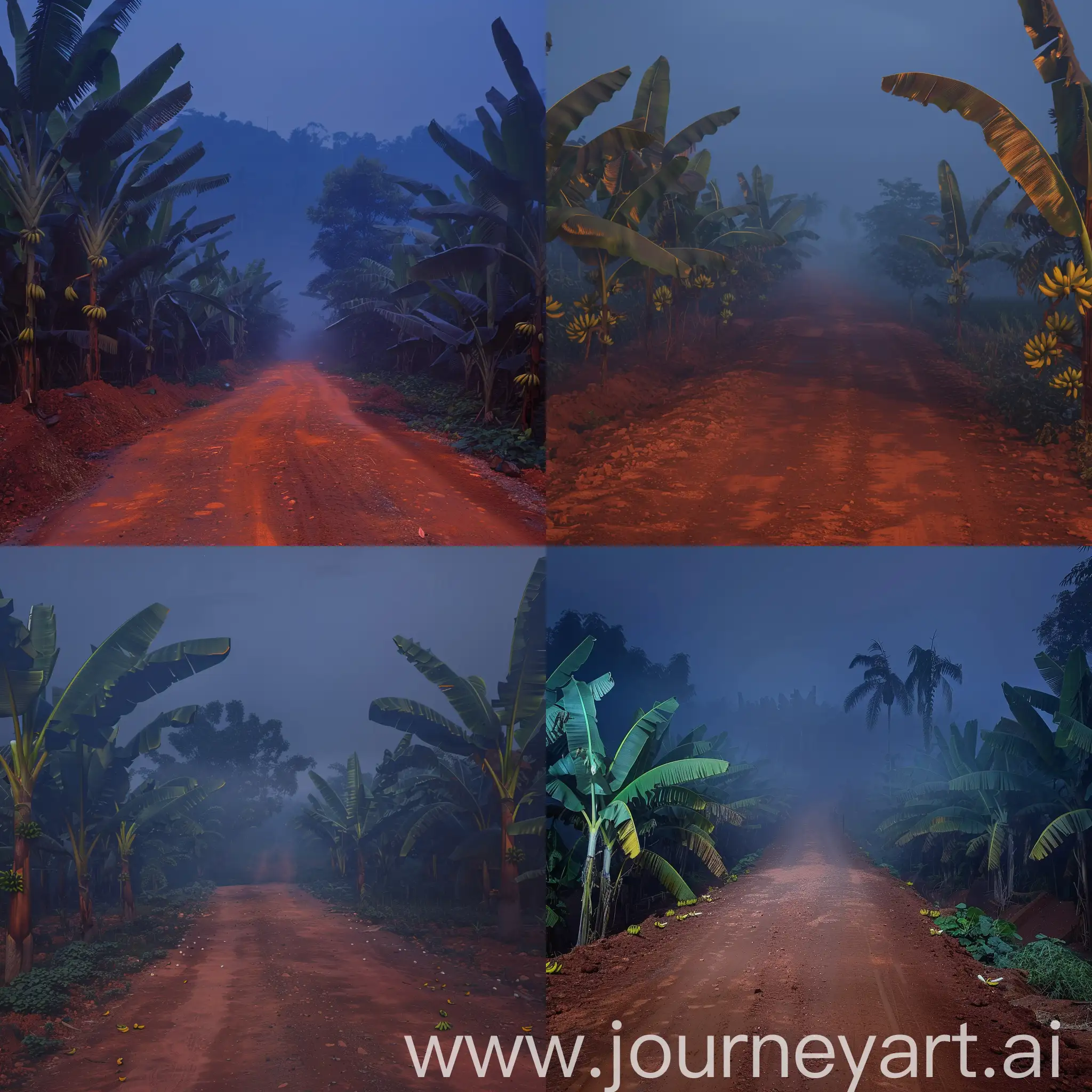 Foggy-Red-Soil-Village-Road-with-Banana-Trees-at-Night