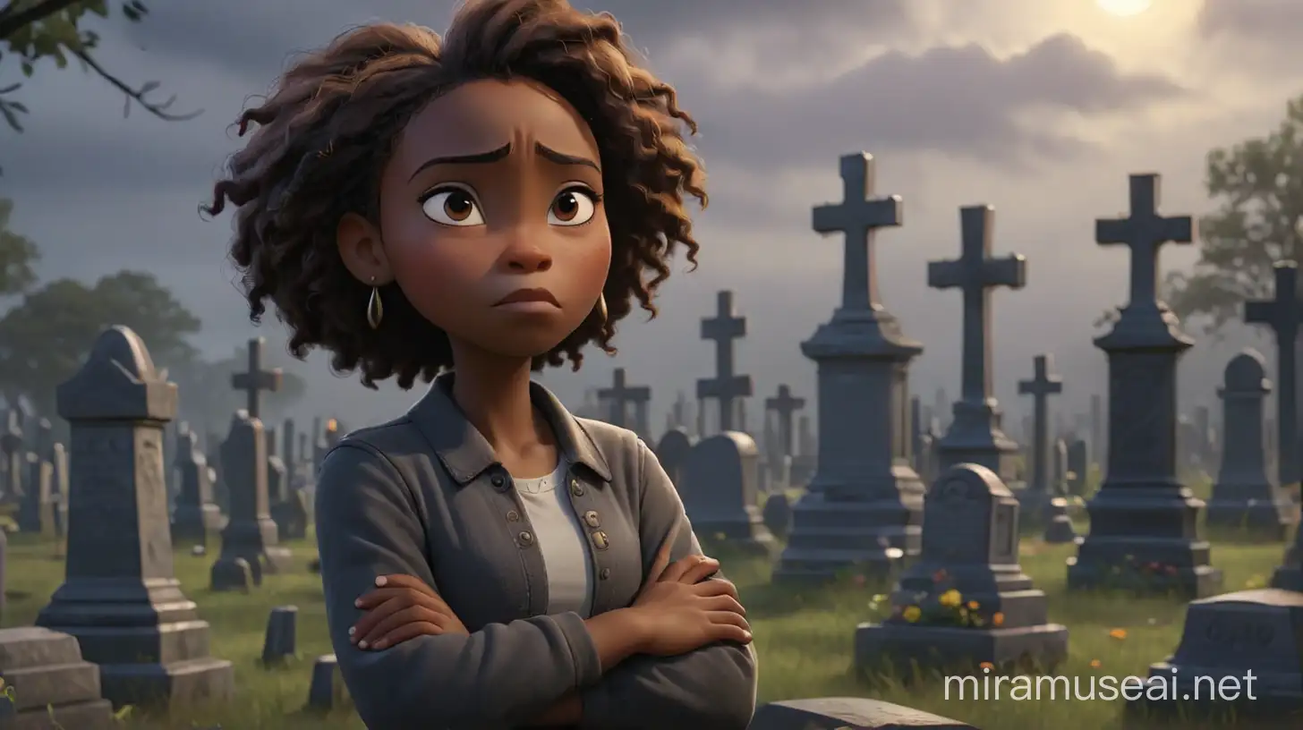 a African-American woman  framed by the gloomy backdrop of a cemetary. She exchanges sadness as she stands at a grave site her arms crossed in a gesture of solidarity. Despite the  people leaving  around her. Illumination, Disney-Pixar style illustration, 3-D Animation, 4K