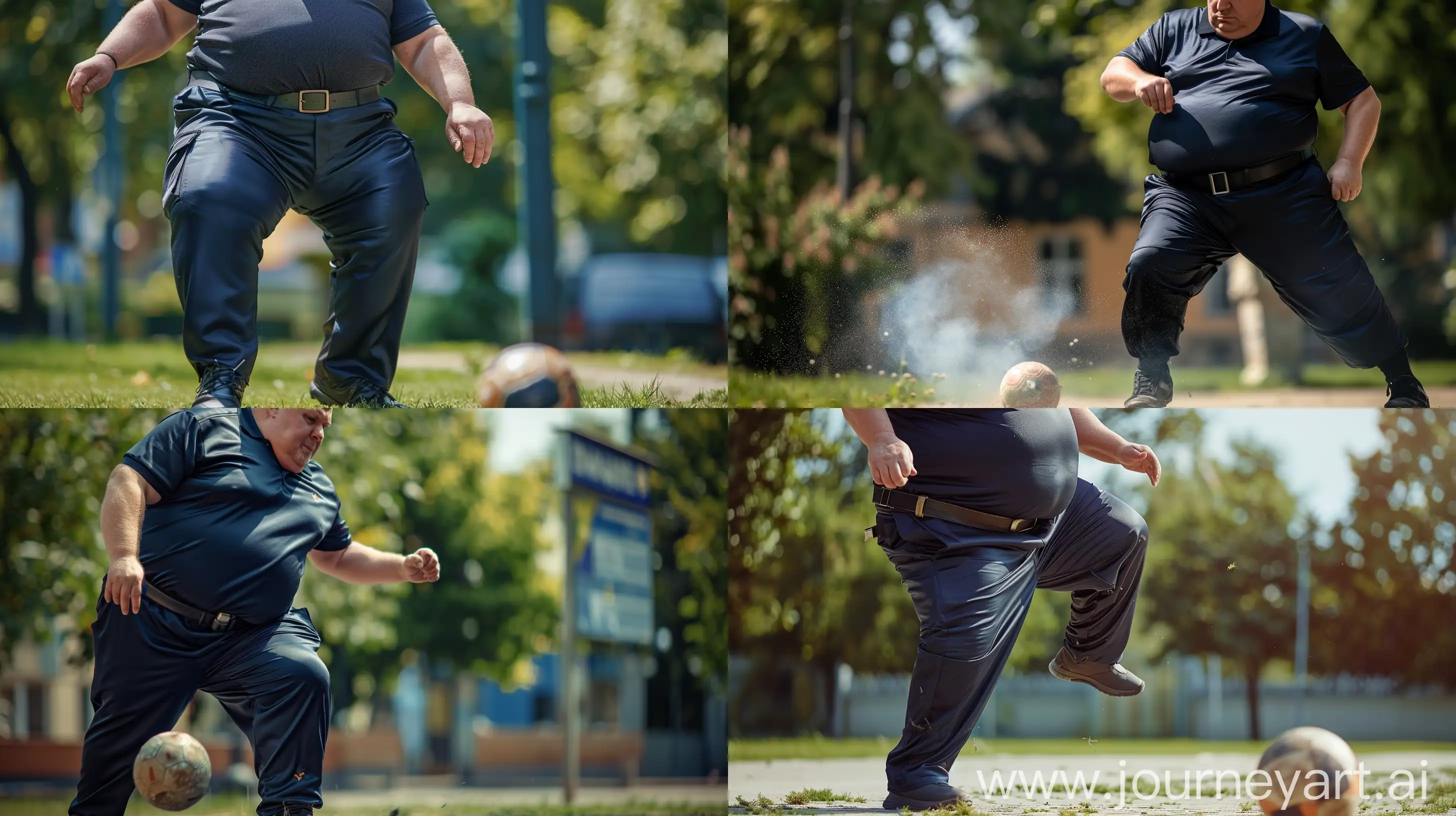Close-up photo of a fat man aged 60 wearing a silk navy slim-fitted battle pants and a tucked in silk navy sport polo. Black tactical belt. Kicking a ball on the ground. Outside. Bald. Clean Shaven. Natural light. --style raw --ar 16:9