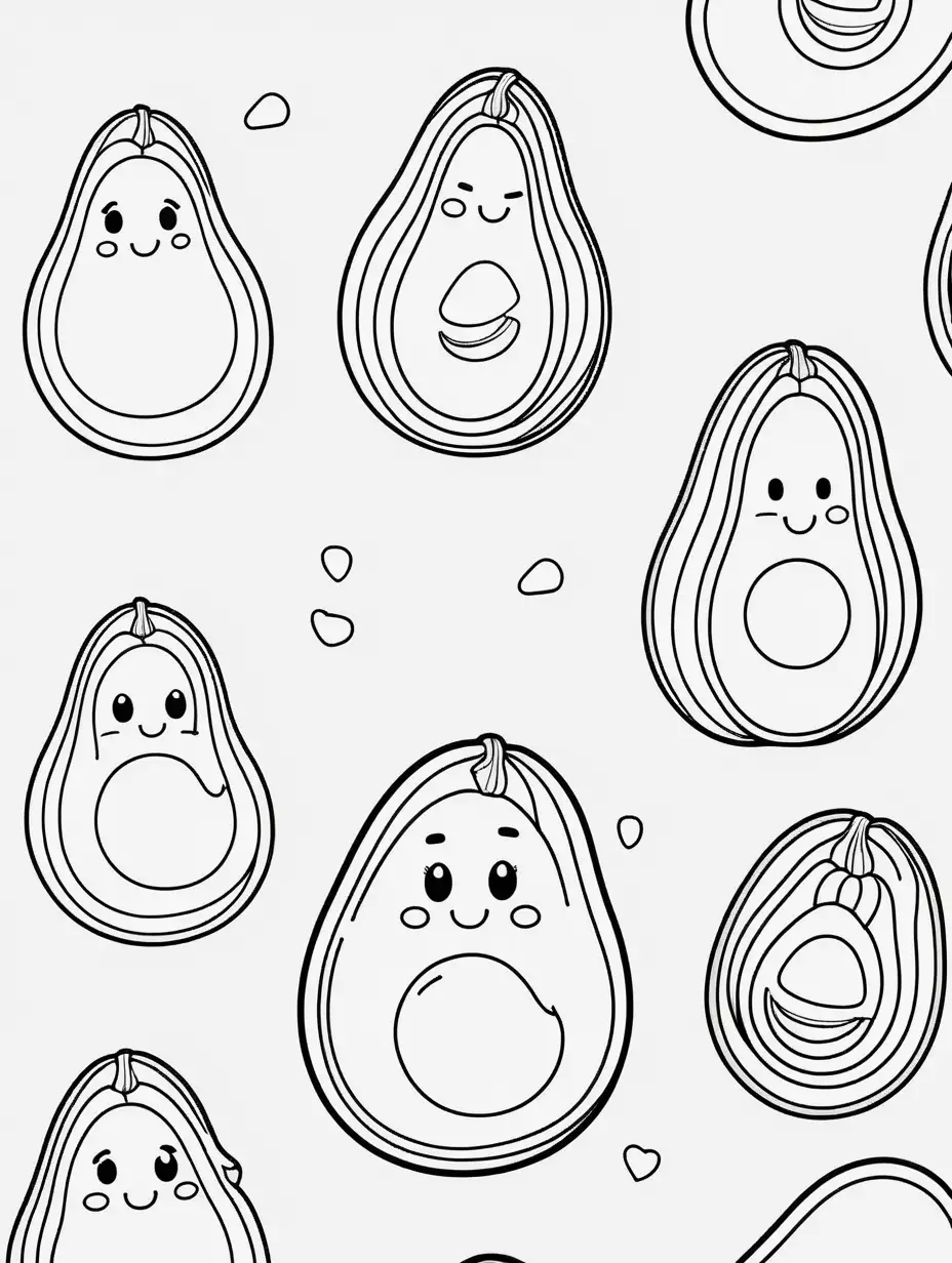 Adorable Avocado Coloring Book Playful Cartoon Drawings of Cute Large Avocados on Clean Black and White Pages