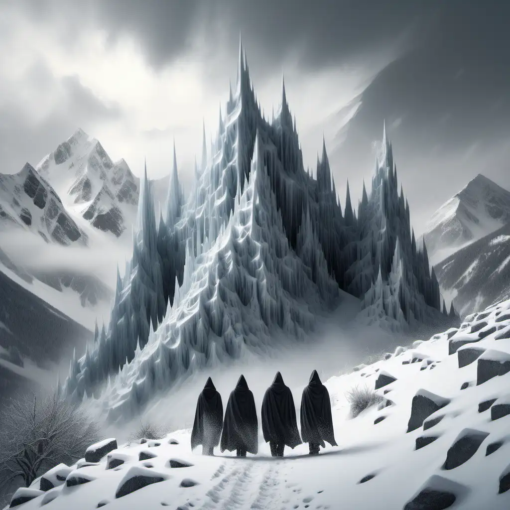 Immense, snowy mountains with shapes resembling icy snow castles.  Snow is falling.  Two dark cloaked men and two smaller women in gray walking forward on the mountain slope with their backs to us