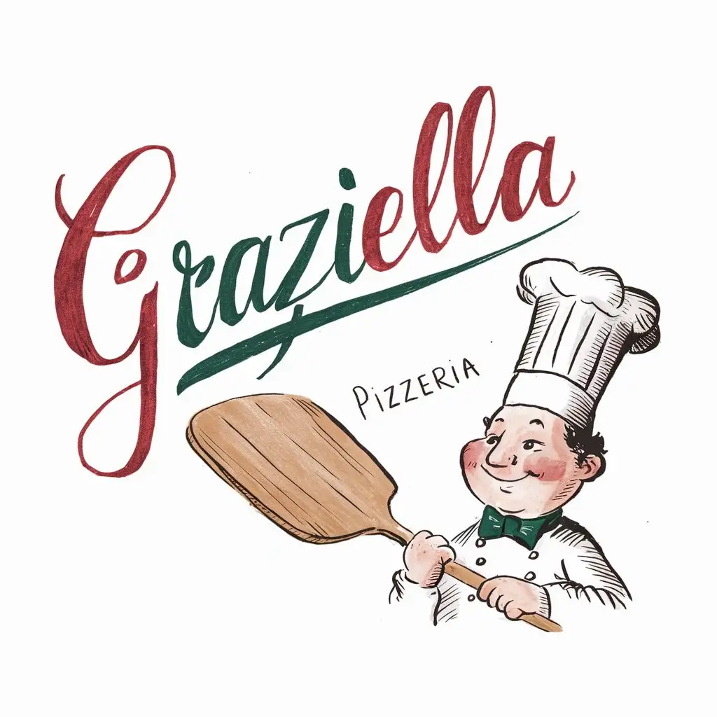 Handwriting Graziella Pizzeria logo with italian colors, Nostalgic atmosphere, Chef's hat sketch