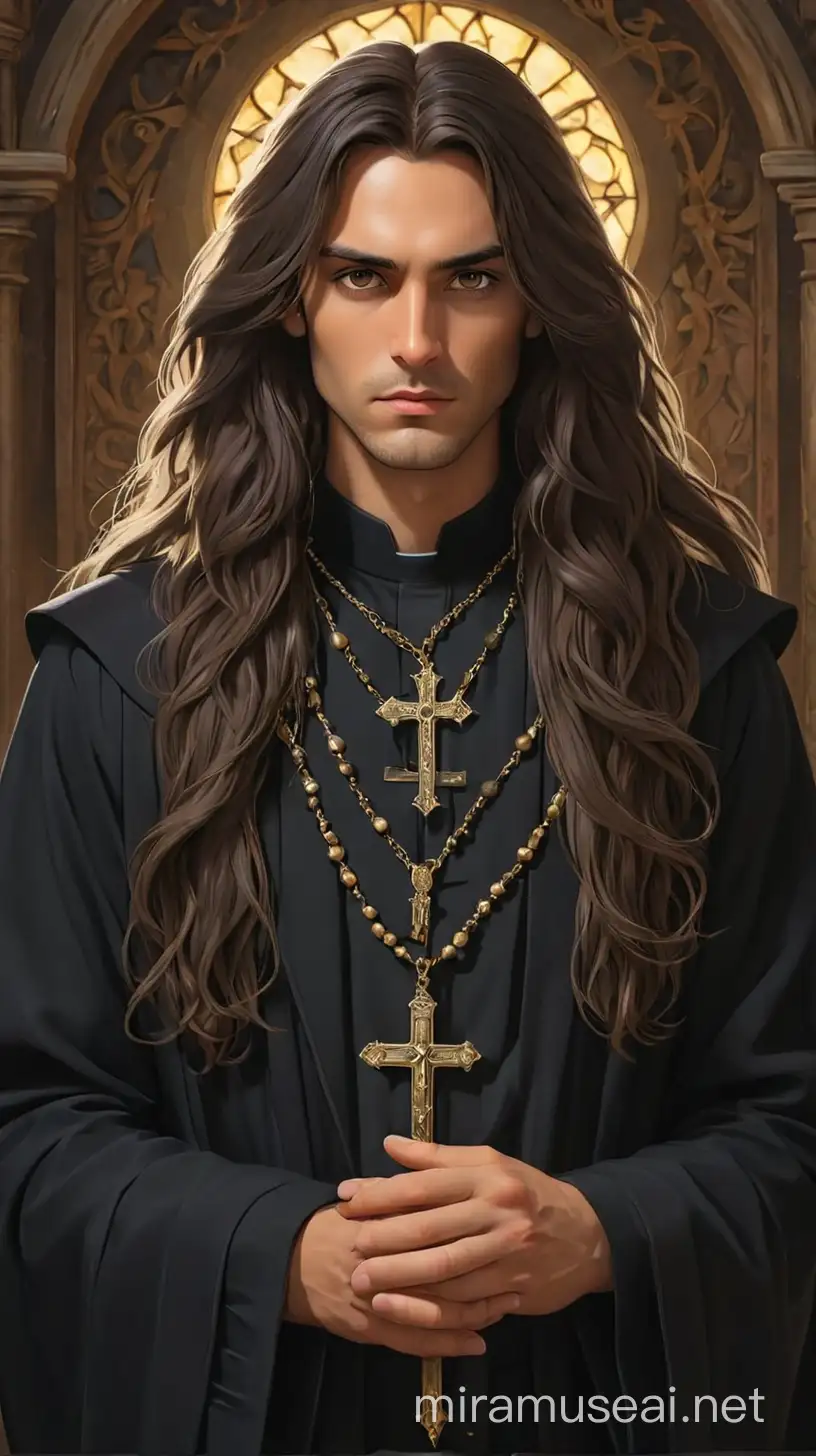 Tarot card of the high priestess but it is a hot sexy male priest with femine features, soft innocent look on his face and long hair wearing dark priest garments and holding a rosary cross. make him look holy but hot with a holy mythic background 