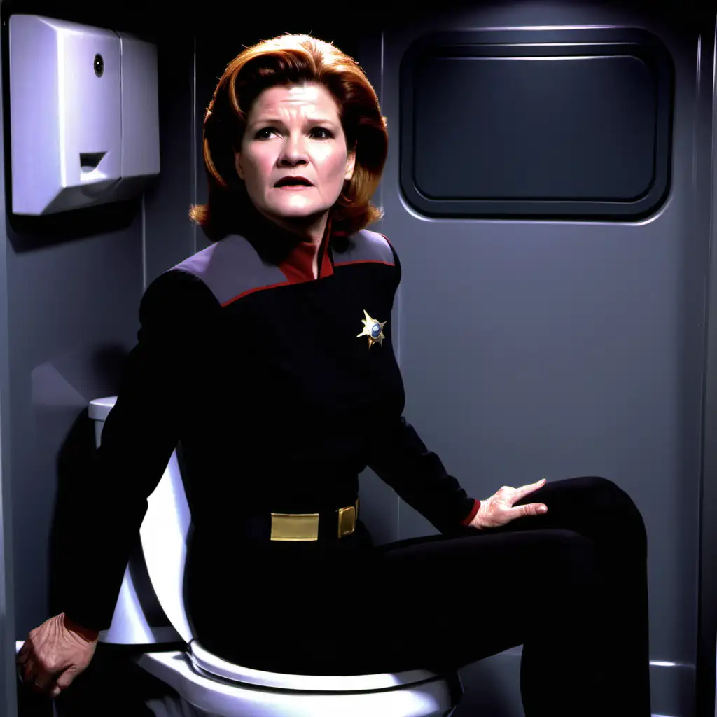 Captain Janeway sitting on a toilet pooping on the starship voyager