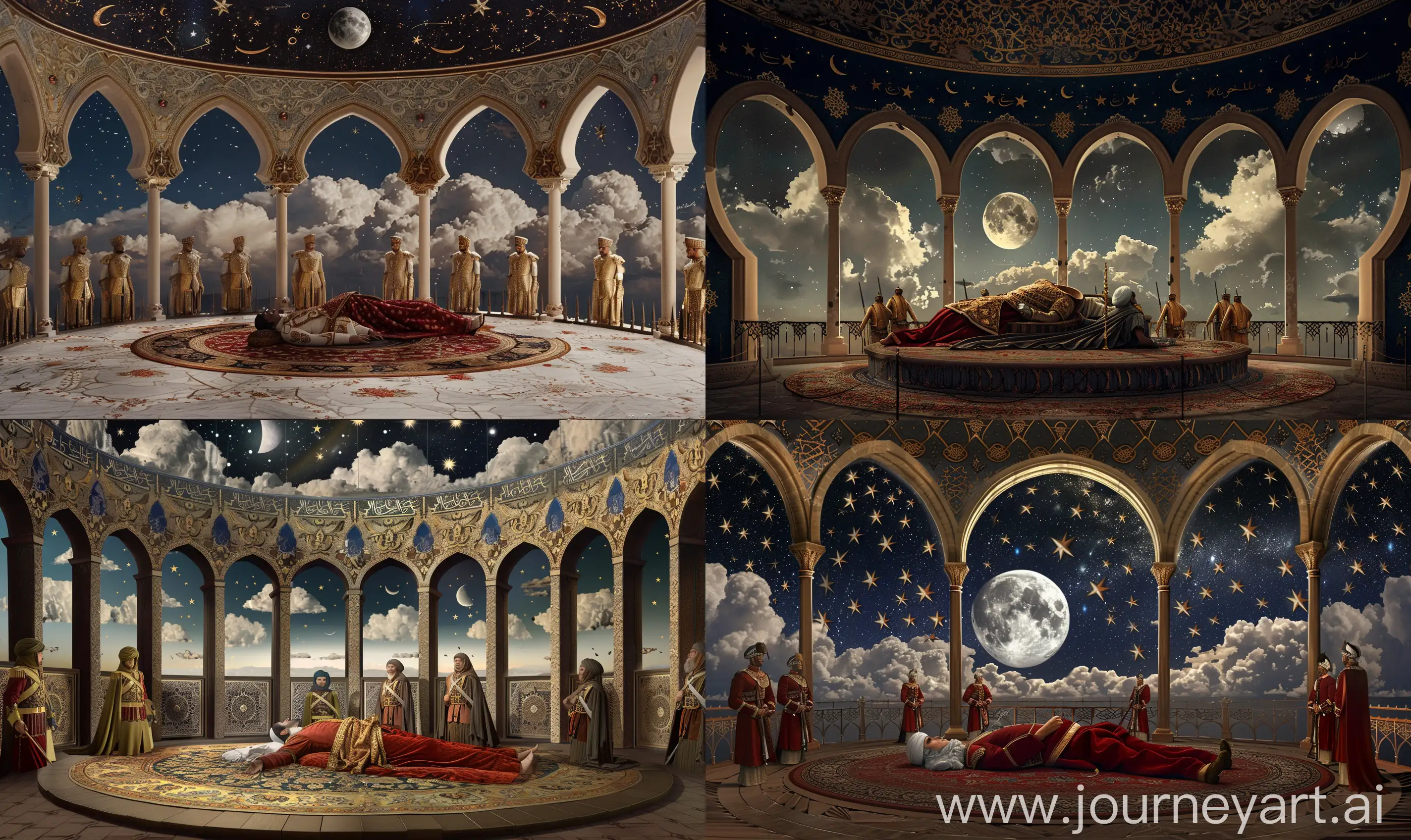 inside of a round isolated hall with Islamic arched windows, covered with muqarnas ceiling, having jali fencing at border, a dead prince lying on the persian carpet surrounded by ottoman guards wearing janissary uniform, clouds and stars and moon outside arches --style raw --ar 5:3