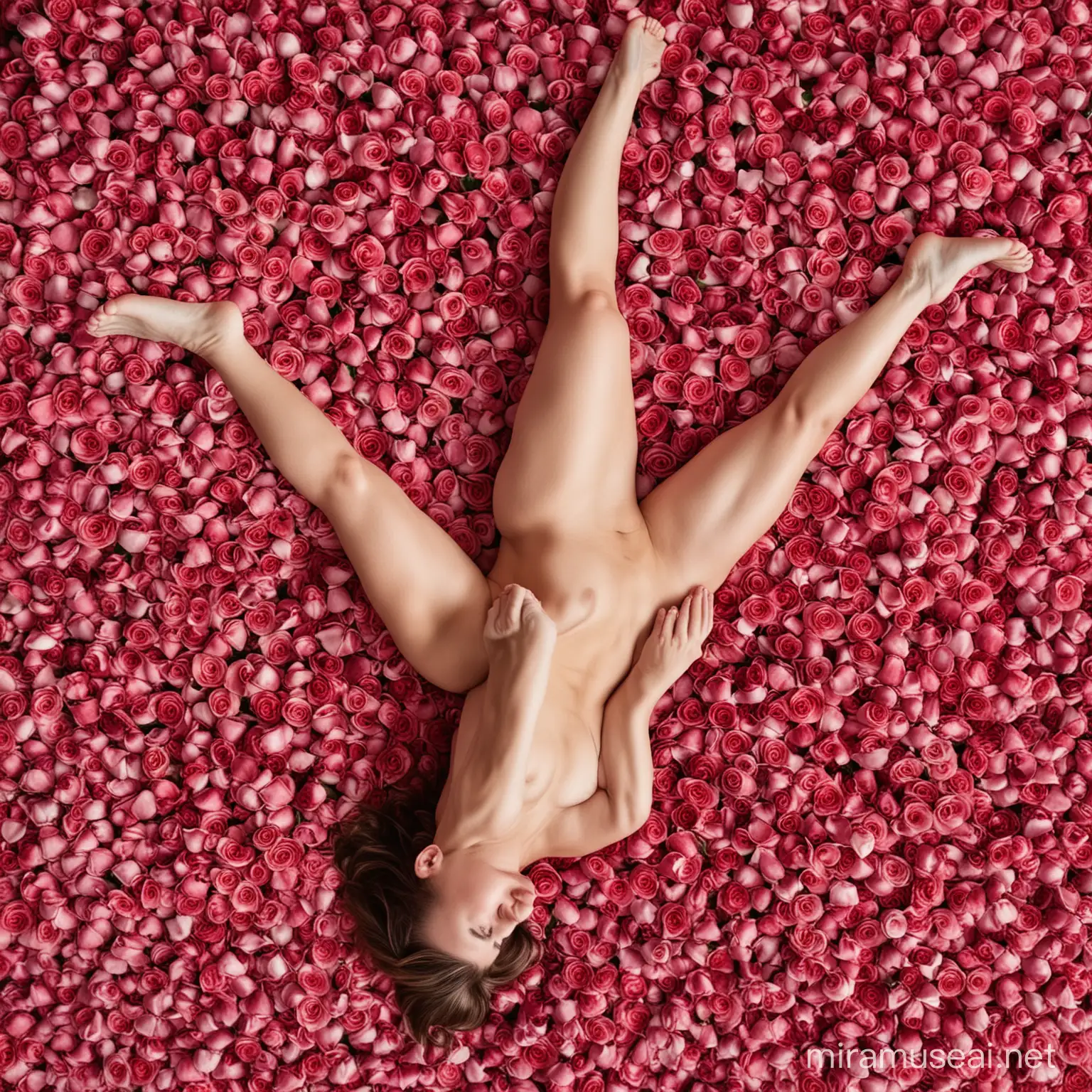 a nude yoga pose in a bed of roses