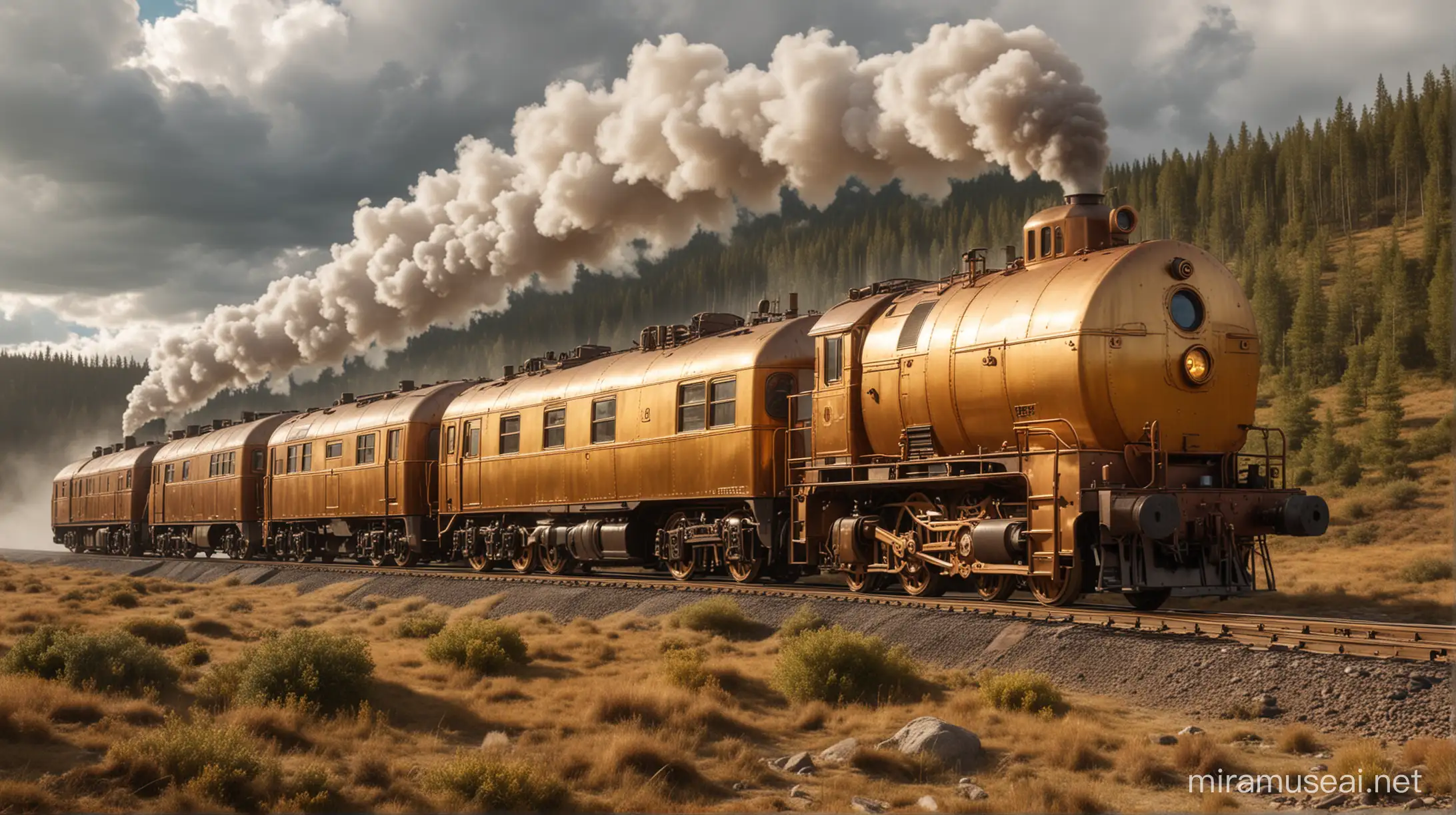 steampunk diesel locomotive with two-storey cars runs through a wilderness. the locomotive and the cars are made of gold and copper. sunny and cloudy.