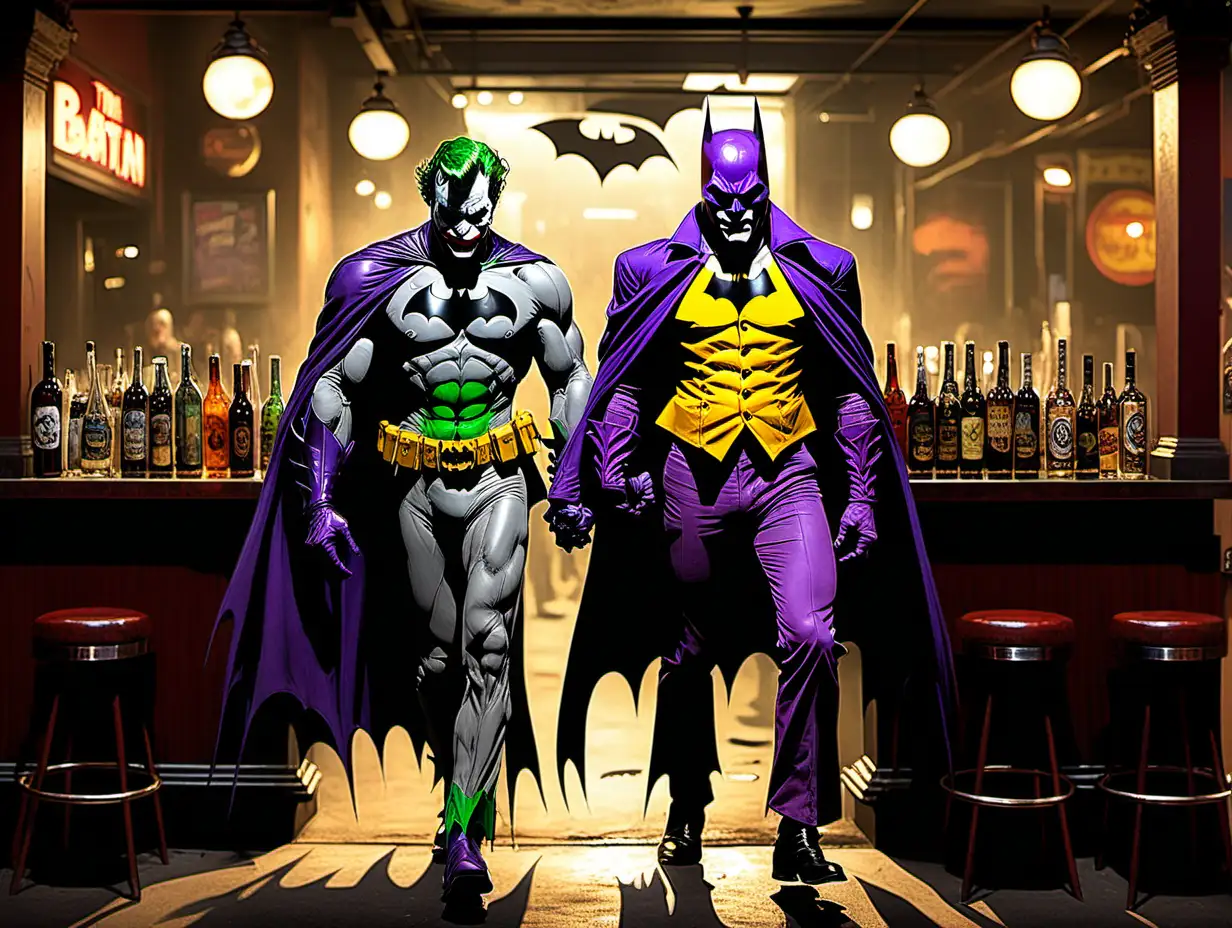 Batman and the Joker walk hand in hand into a bar in NYC Frank Frazetta style