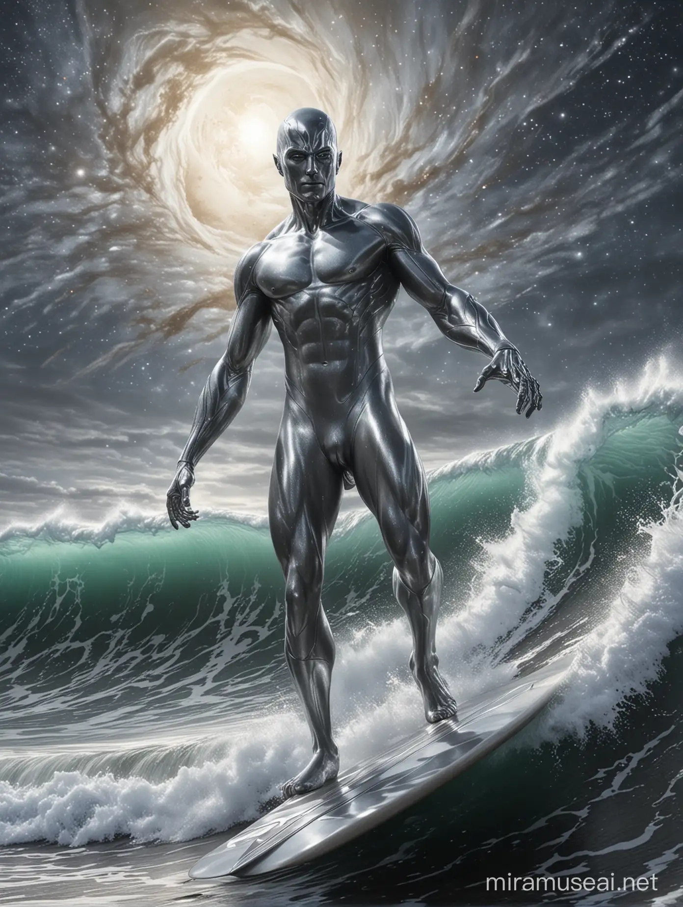 full Full body photorealistic ulra realism of picture of Milo as the silver surfer riding the surf. Space and milky way as background