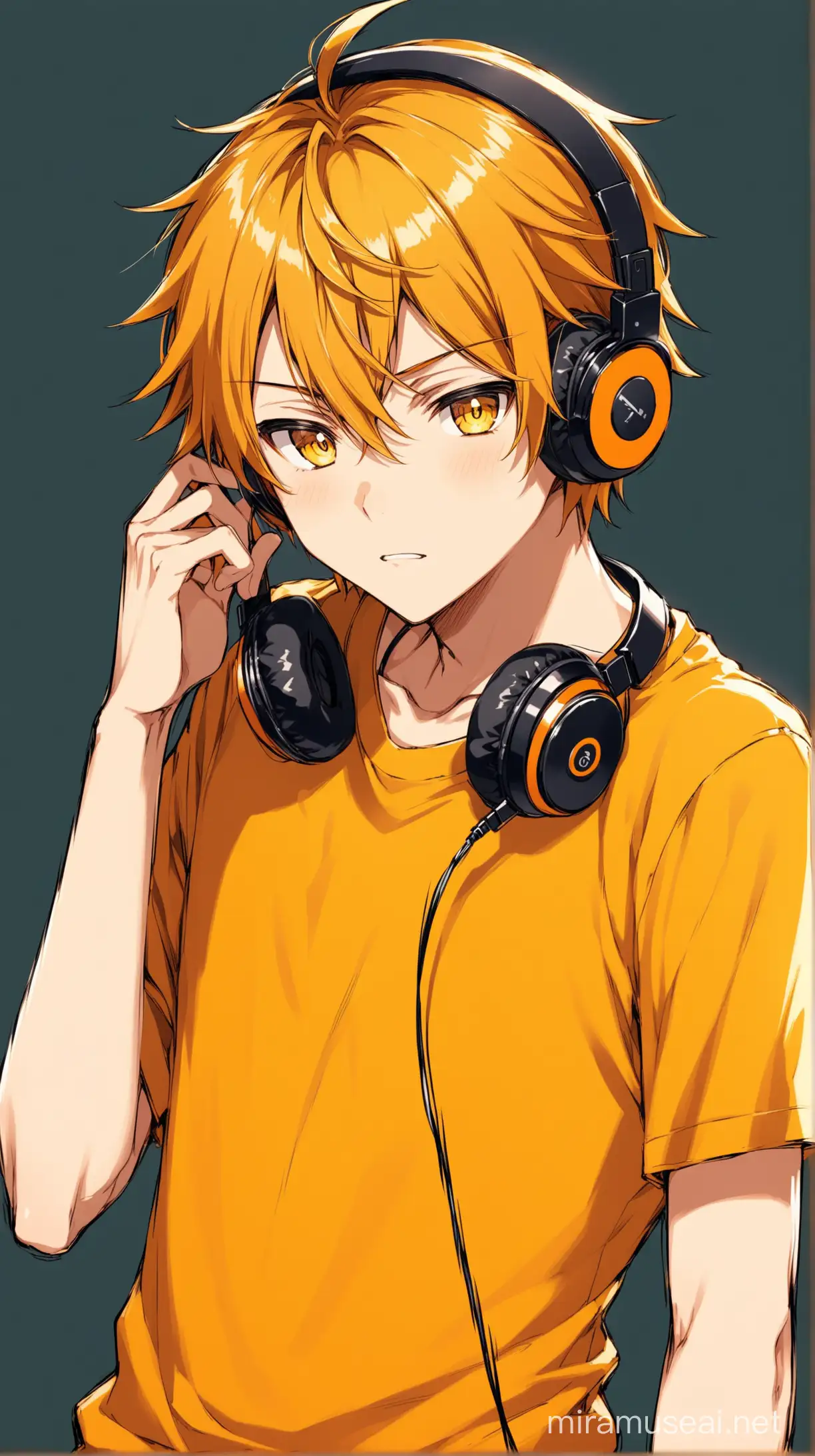 anime boy wearing headphone with yellow orange shirt 