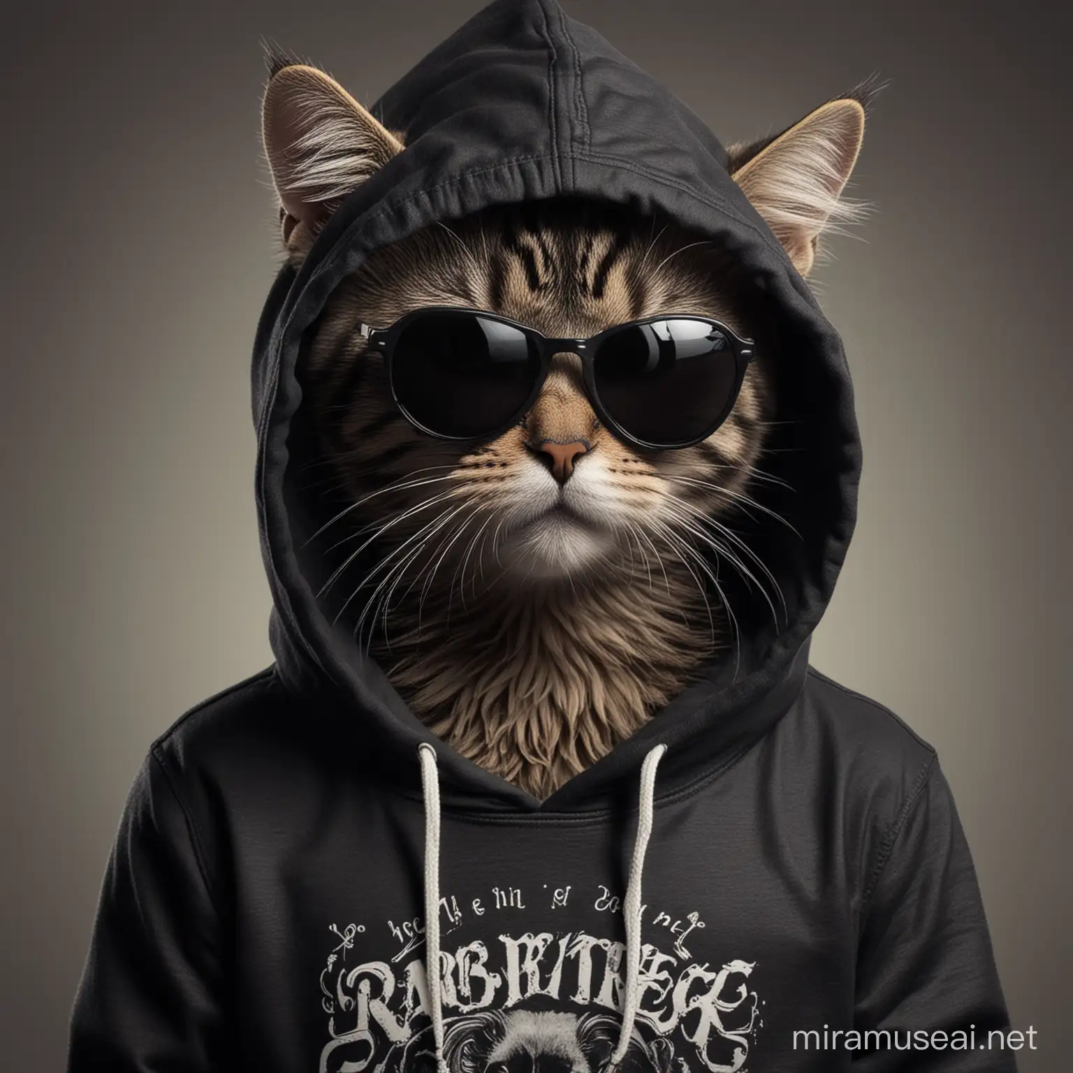 rocker cat in sunglasses and black hoodie