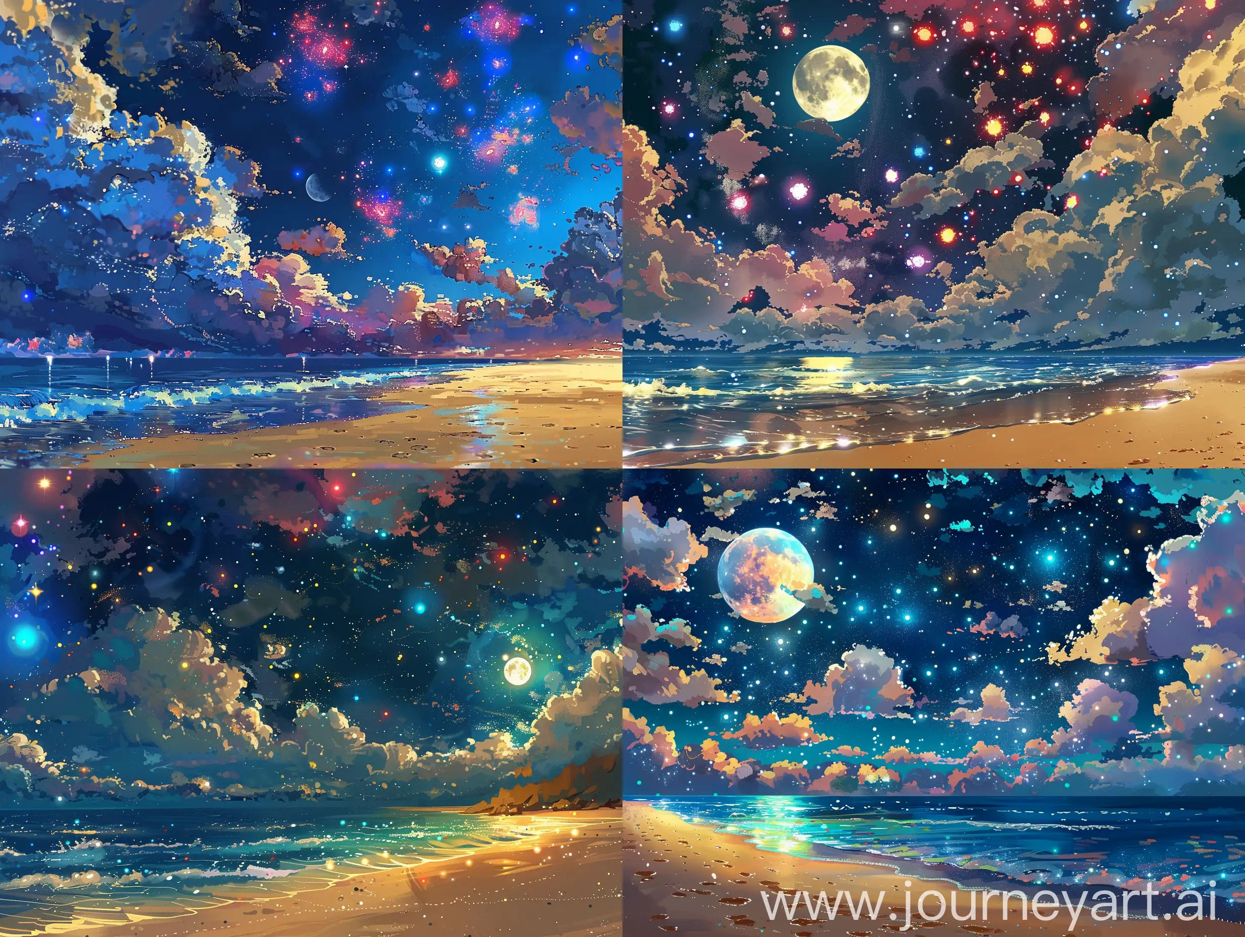 Perfect anime style, the night sky on the beach, where the nature of the earth blends with the imagination of the universe, many space clouds of different colors and glowing stars.The sand of the beach is golden, the lights of the full moon are reflected on it, the waves radiate their blue color.