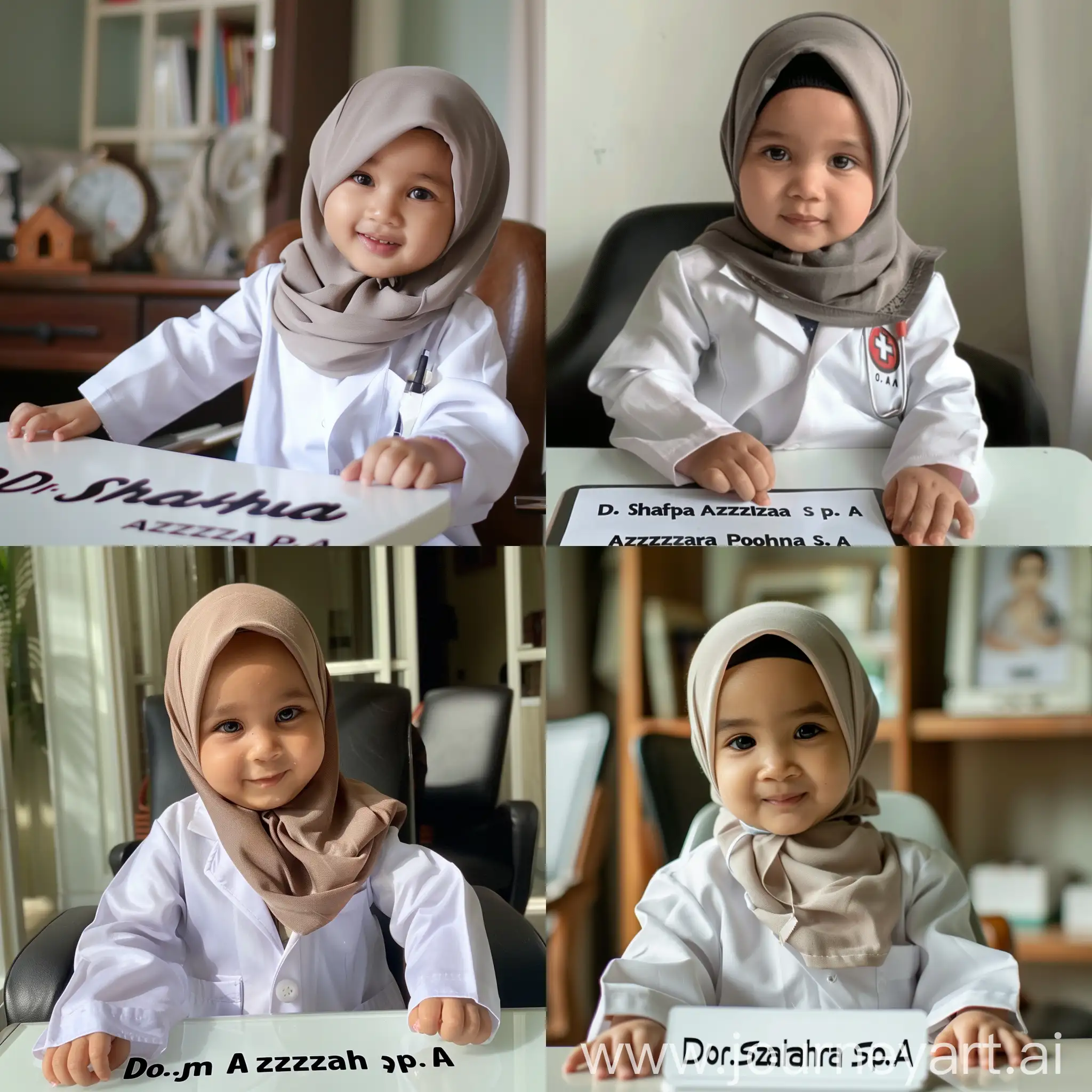 A 1,7 year old indonesian child, wearing a hijab, wearing a white doctor's coat, sitting on a chair ,on the table there is a name with the text "dr.Shafwah Azzahra pohan Sp.A"