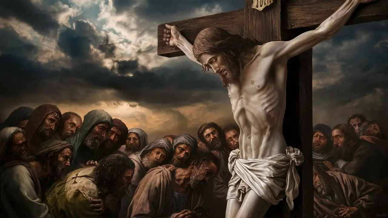 Imagine a scene depicting Jesus on the cross during his crucifixion, with a sense of imminent threat and danger. The atmosphere is tense, with dark clouds filling the sky, symbolizing the gravity of the moment. Jesus is shown in agony on the cross, surrounded by his frightened followers who are visibly distressed by the events unfolding before them. Their faces reflect fear and despair as they witness the crucifixion of their beloved leader. The overall mood is somber and foreboding, capturing the weight of this pivotal moment in religious history.