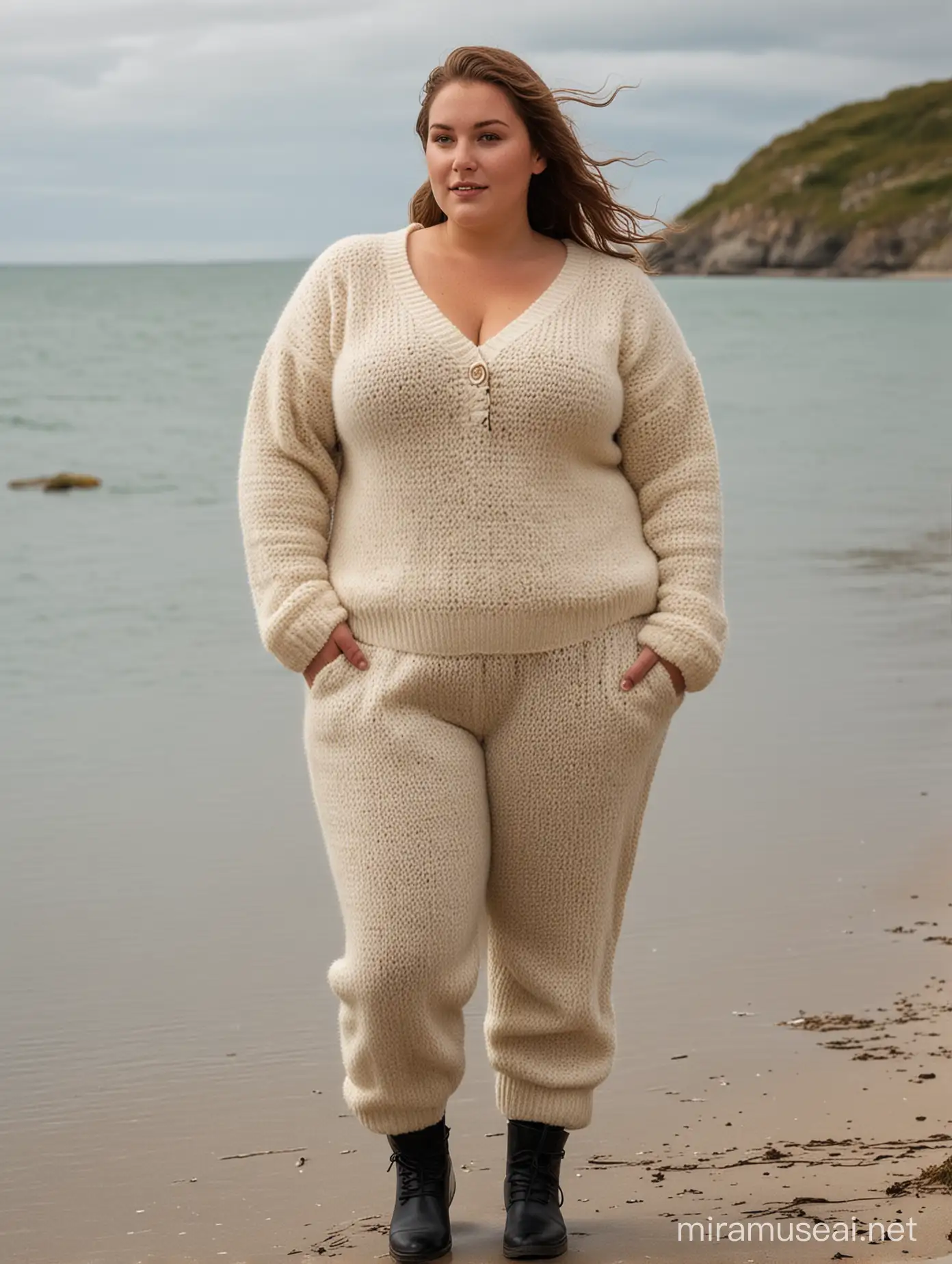 curvy, plus-size girl with supersize fat boobs, wearing a thick fuzzy heavy norwegian wool sweater and knitted wool pants, standing on a seashore in summer
