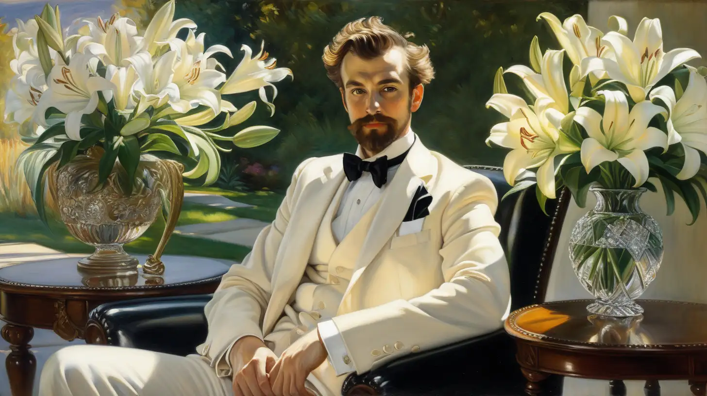 Dapper Gentleman in Tuxedo Relaxing with White Lilies in Sunlit Garden