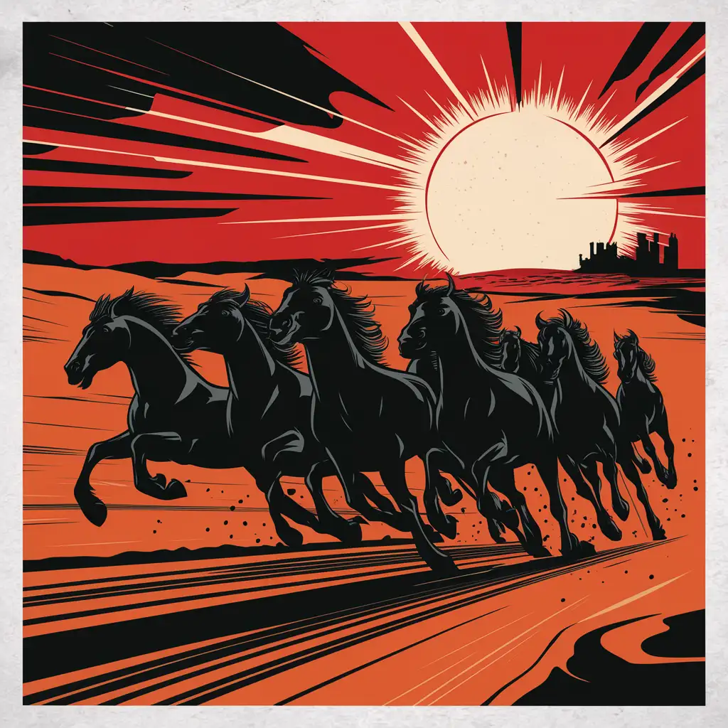 graphic art print, black stylized horses flee under the red sun