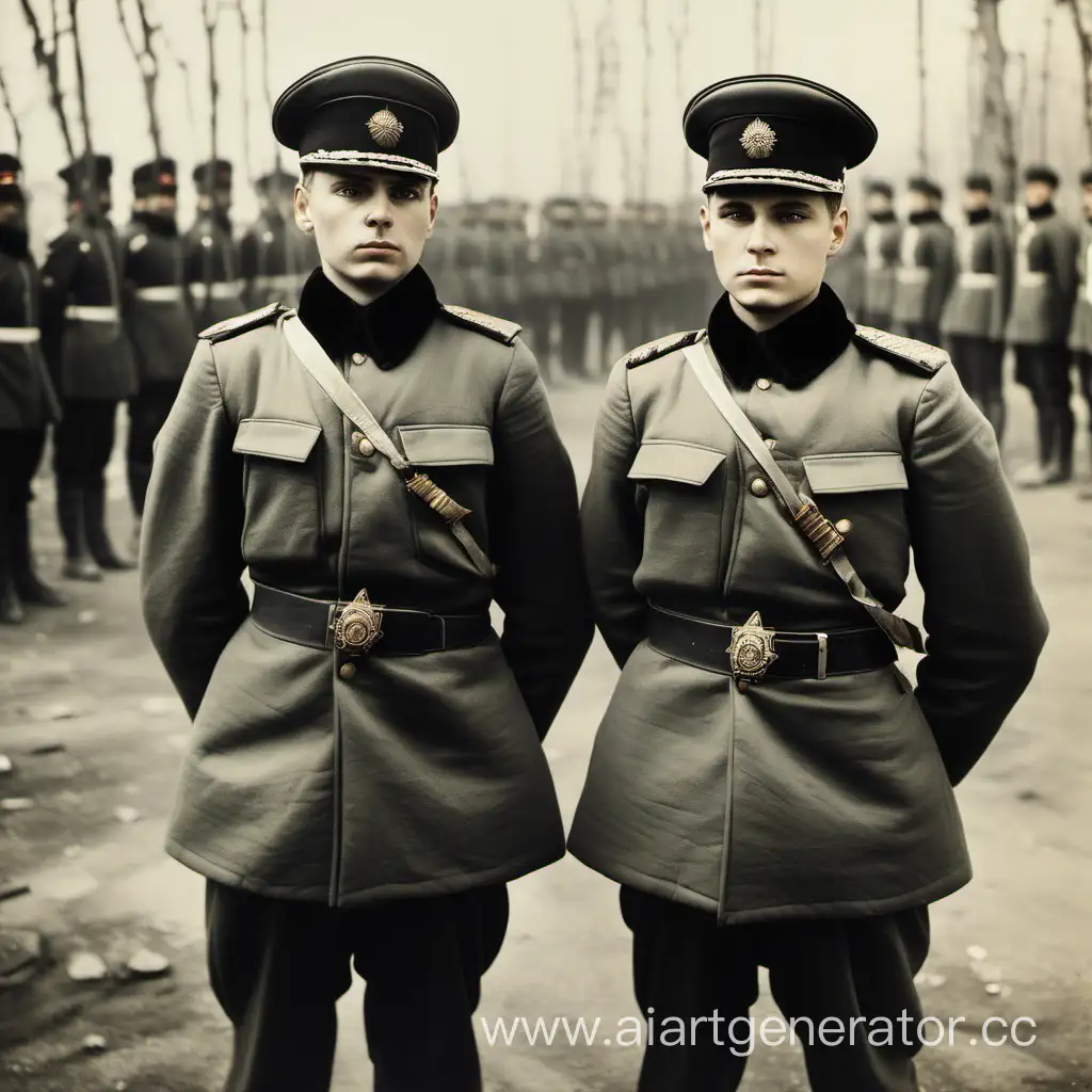 Стоят два молодых русских  офицеров, стоят ровно и прямо взгляд вперед. Лица серьезные, но добрые