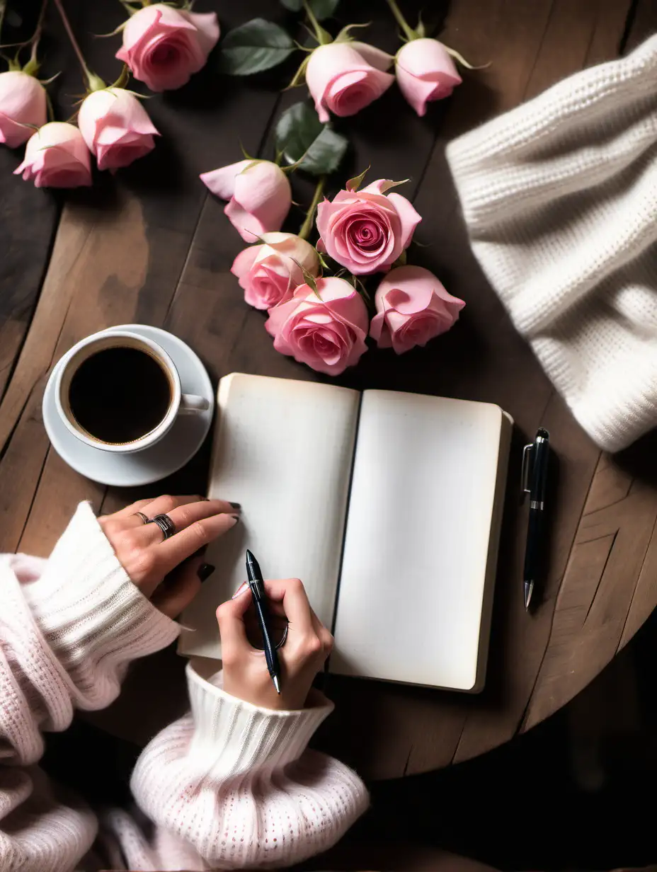 a beautiful setting looking down on a journal , a rustic table with a cup of coffee and pink rose petals and a women's hand holding a pen with white sweater sleeve