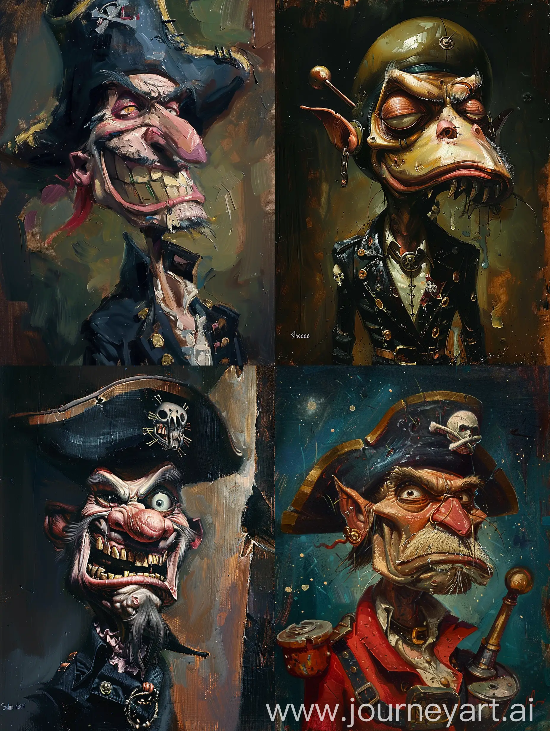 An evil space pirate in exaggerate emotional caricature funny photo in the style of Lilia Alvarado and sarah andersen midcentury modern noir contrast shadows celluloid oil painting grotesque ar stylize