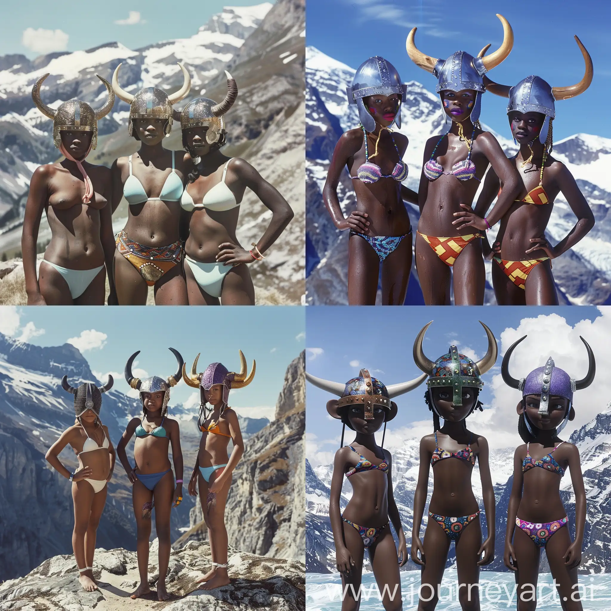 three slender girls of African appearance in Viking helmets and swimsuits stand in the middle of the alps