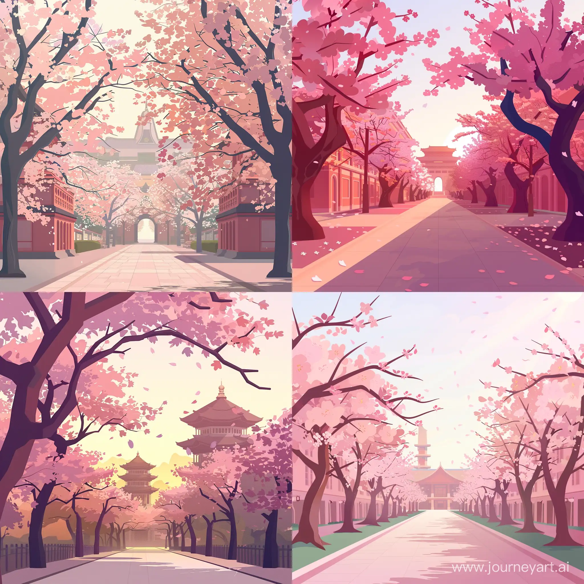 HD illustration of cherry blossom spectacle at Wuhan University's Cherry Blossom Avenue. the morning sunlight illuminating the blossoms, creating a mesmerizing scene of nature blending seamlessly with the historic architecture in the background, in high quality details in flat style