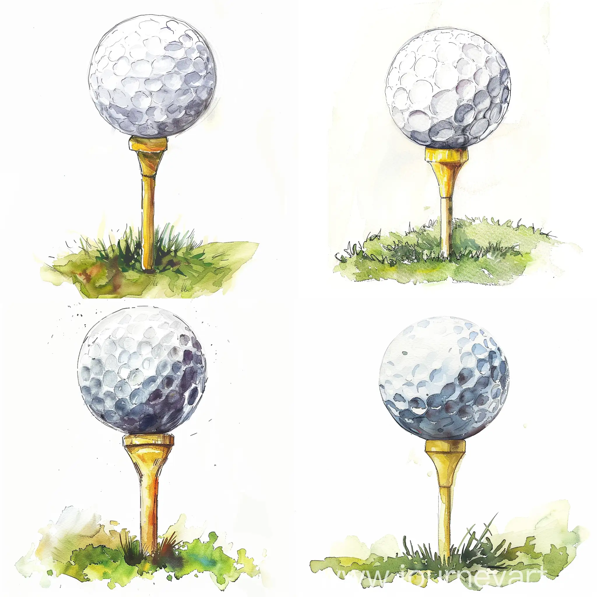 Your task is to create a stylized hand darn sketch of a golf ball on a tee, using a watercolor painting style.
The golf ball should be white in color, sitting atop a bright yellow tee.
Below the tee, include a small patch of green grass, adding a touch of nature to the composition.
The background should be a stark white, providing a neutral canvas that emphasizes the subject and allows the colors to pop.
Use a watercolor painting style, with soft, slightly translucent brushstrokes to give the illustration a delicate and artistic feel.
The overall composition should be simple and focused, with the golf ball and tee being the main elements.