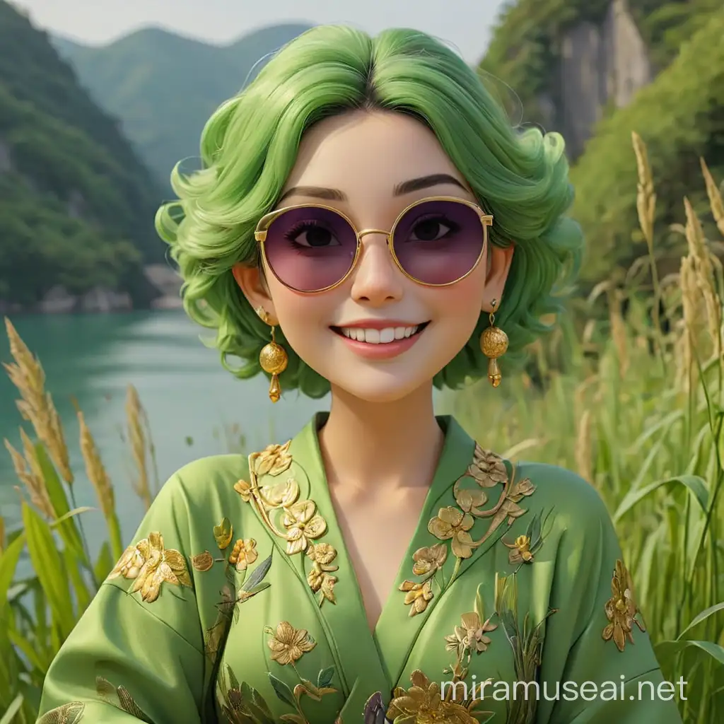 birdview normal silicone floral green earrings, super longleg whole body brunette short super shining green  hair female italian face fat model,smiling  round doll face, italian make-up green lips, golden chinese ancient hanfu suit, small gucci green sunglasses and purple  purse, dense highergrass around, lakeside,mist around , besides higher sharp cliff,
