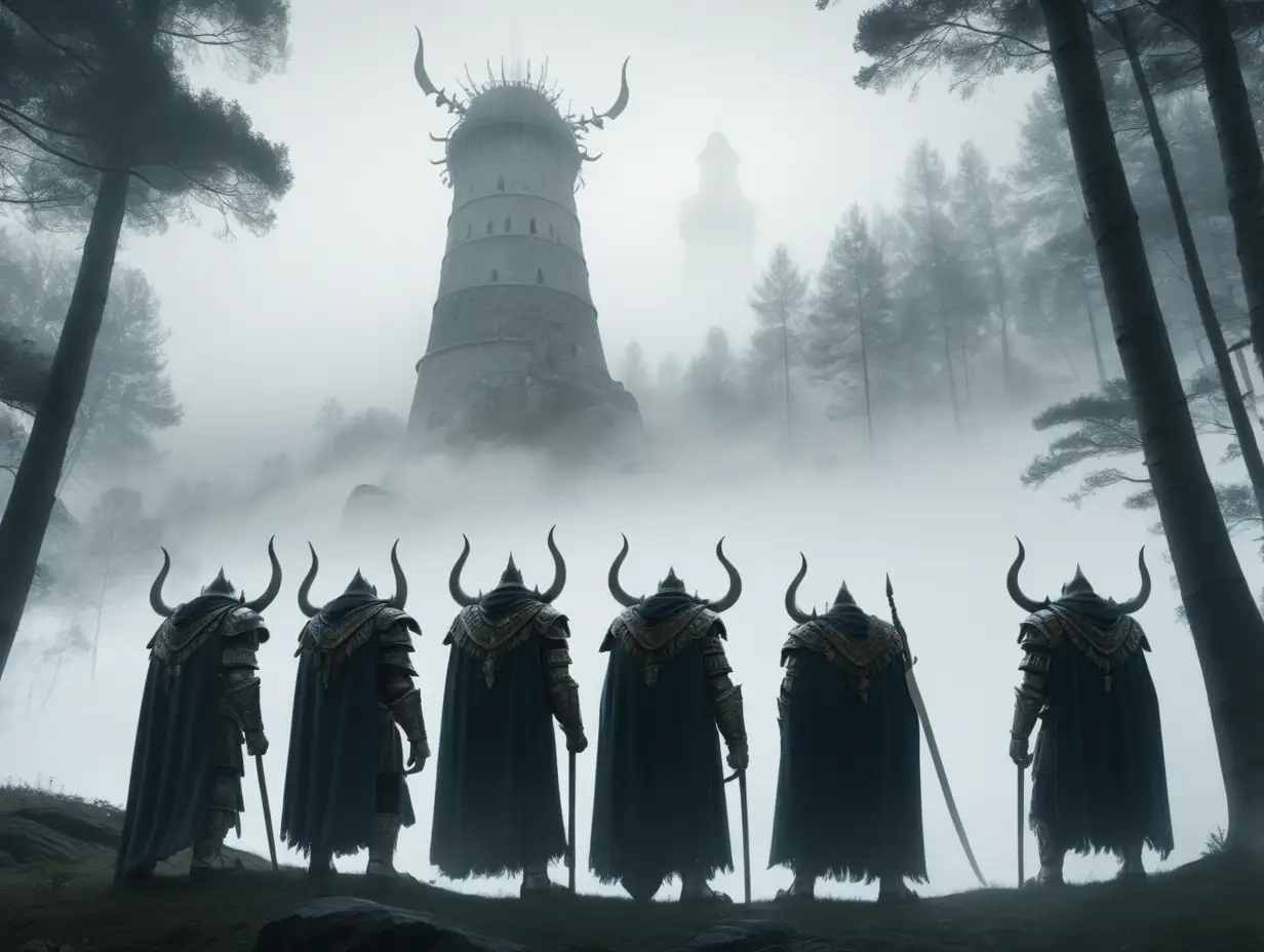 Mystical Minotaurs Gazing at Enigmatic White Tower in Forest