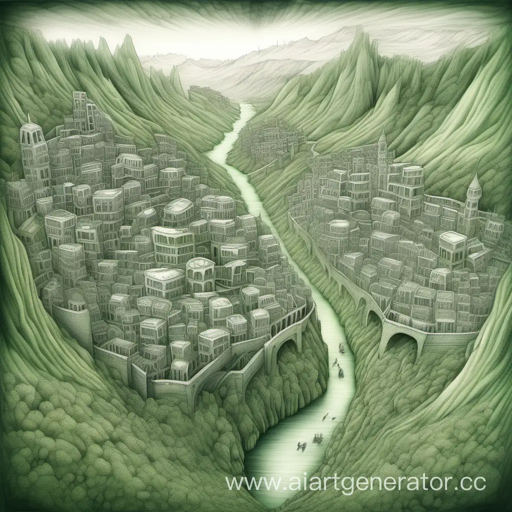 Fantasy, huge human city, in a green valley, surrounded by walls, pencil drawing