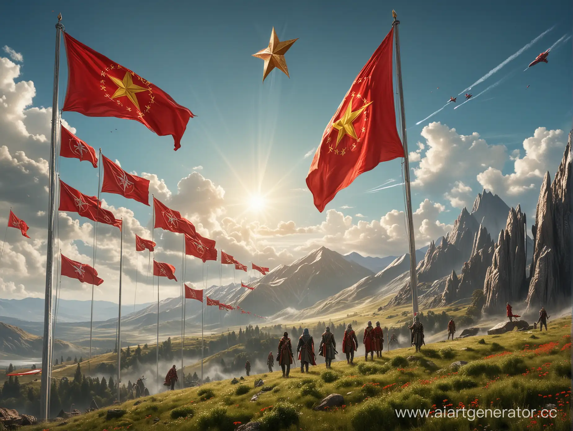 эльфийский союз социалистических республик, голубое небо, зелёных холм, красный флаг, красная эльфийская одежда, золотая звезда на флаге, на фоне космических кораблей в небе
