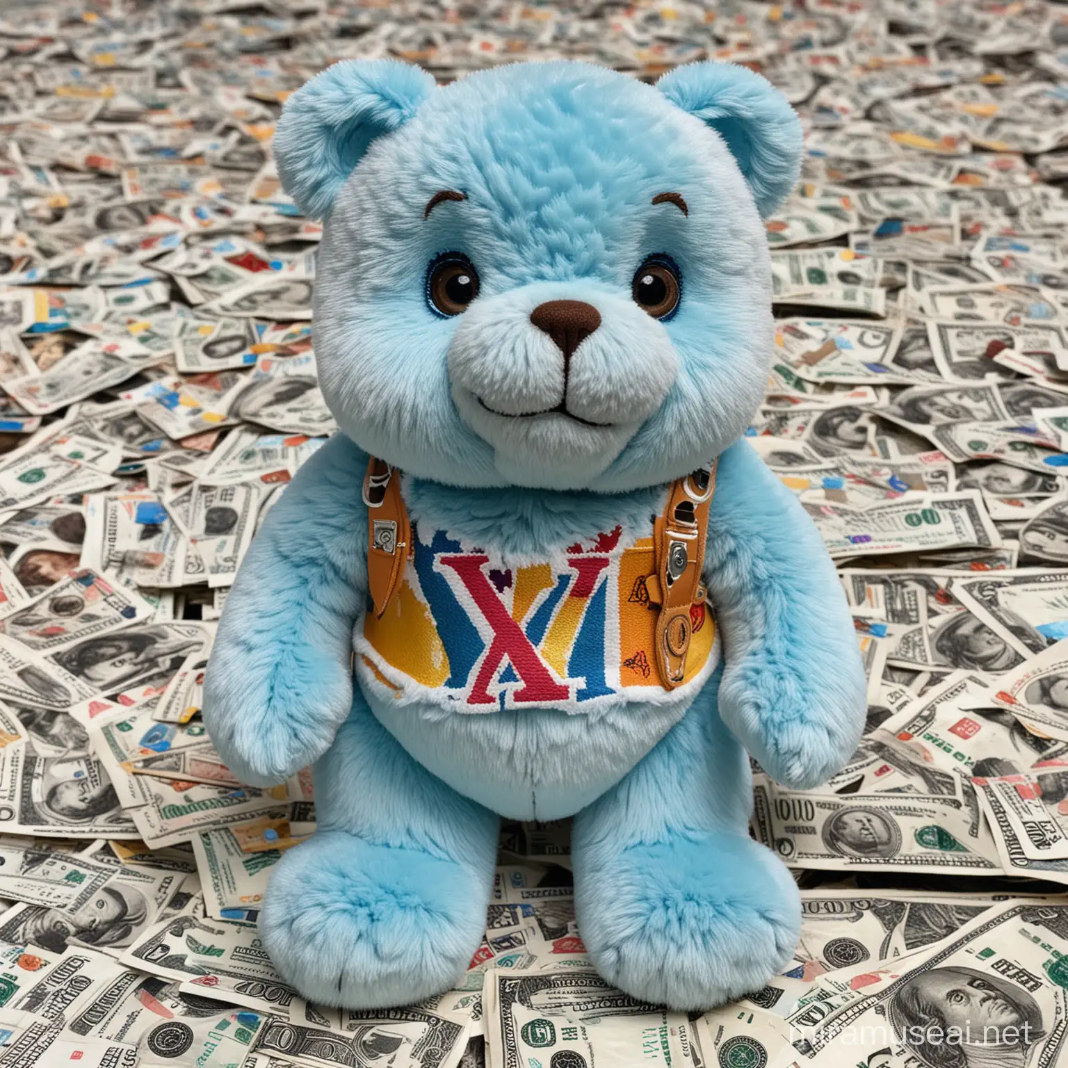 care bears azul de peluche, con trompa blanca, con ojos expresivos enojado, con el logotipo de colores de Louis Vuitton  bordado en su pecho blanco con huellas blancas, sobre paquetes de dólares