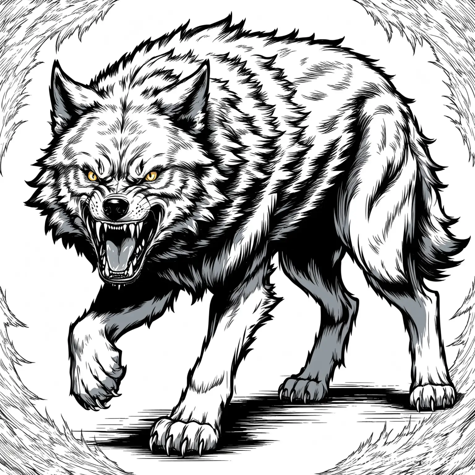 coloring book style, full body snarling wolf, ready to attack, no background