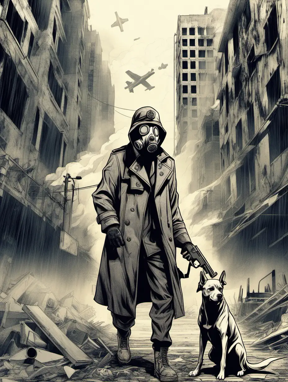 Gas mask wearing overcoat and military cap holding dog with pistol in abandoned city with storm sketch