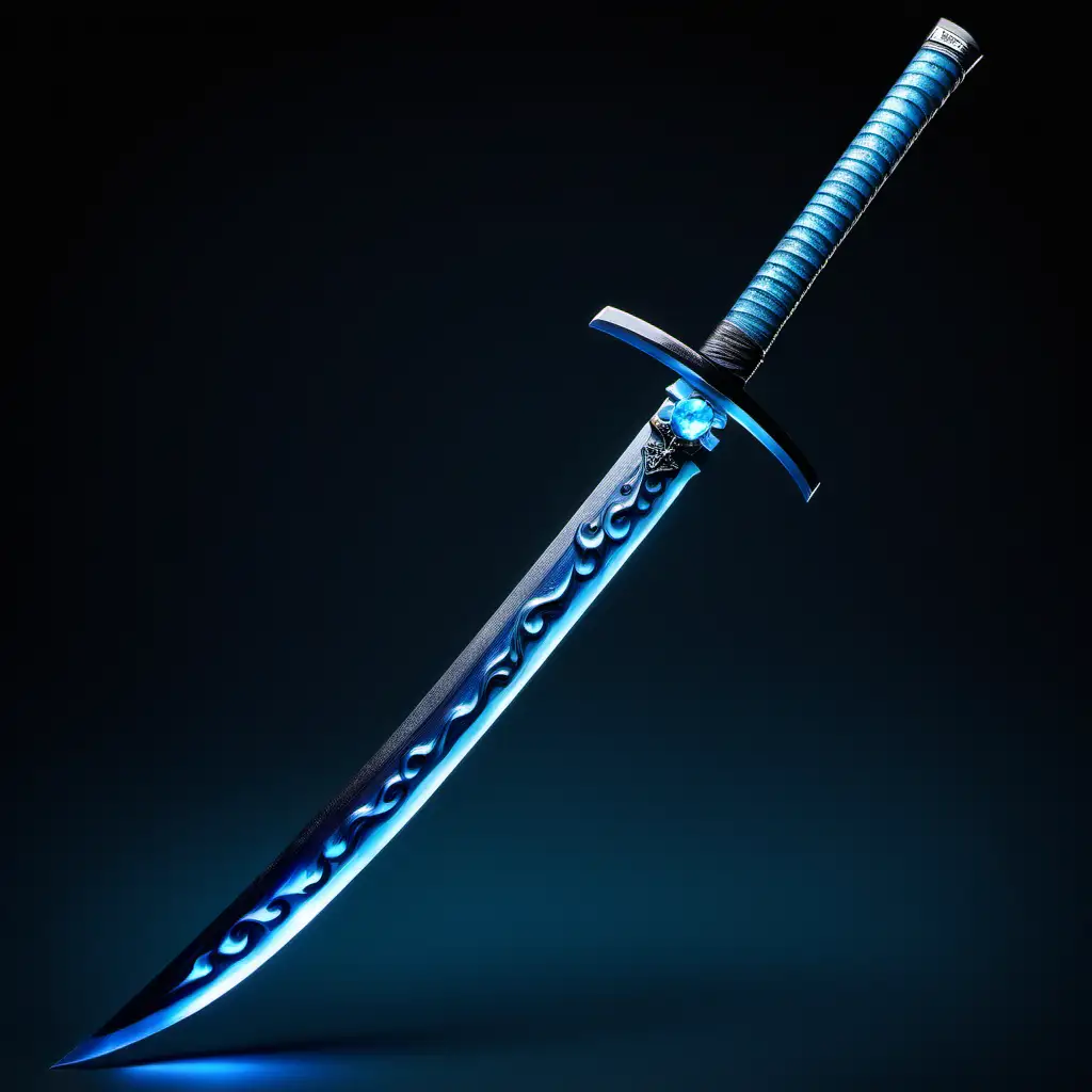 a luminous deep blue katana with dark green hues and a blue gem in the hilt