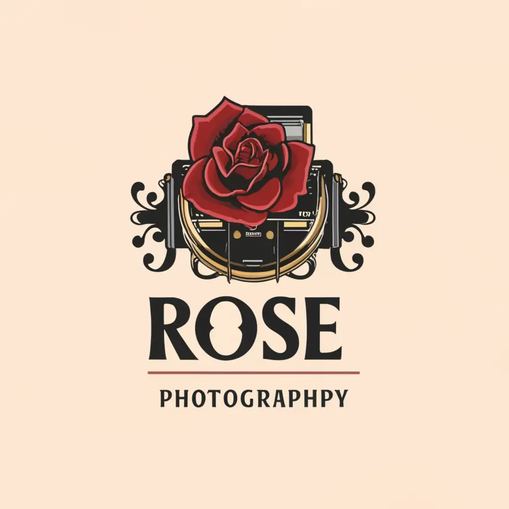a logo design,with the text "rose photography", main symbol:rose and camera,complex,clear background