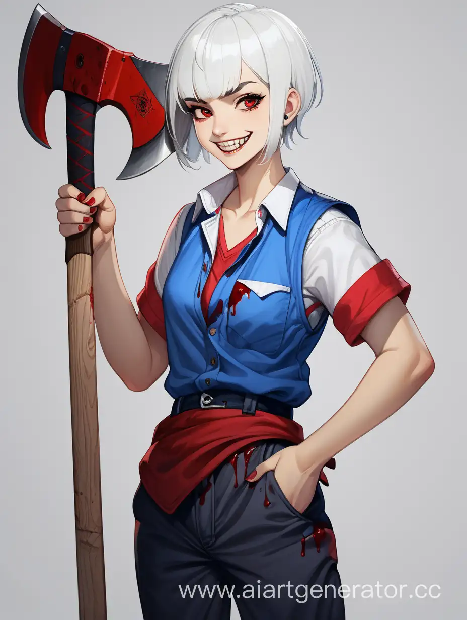 Young woman. Short white hair. Black eyes. A smile with fangs. A blue shirt. A red vest. Blue trousers. He stands with an axe and blood