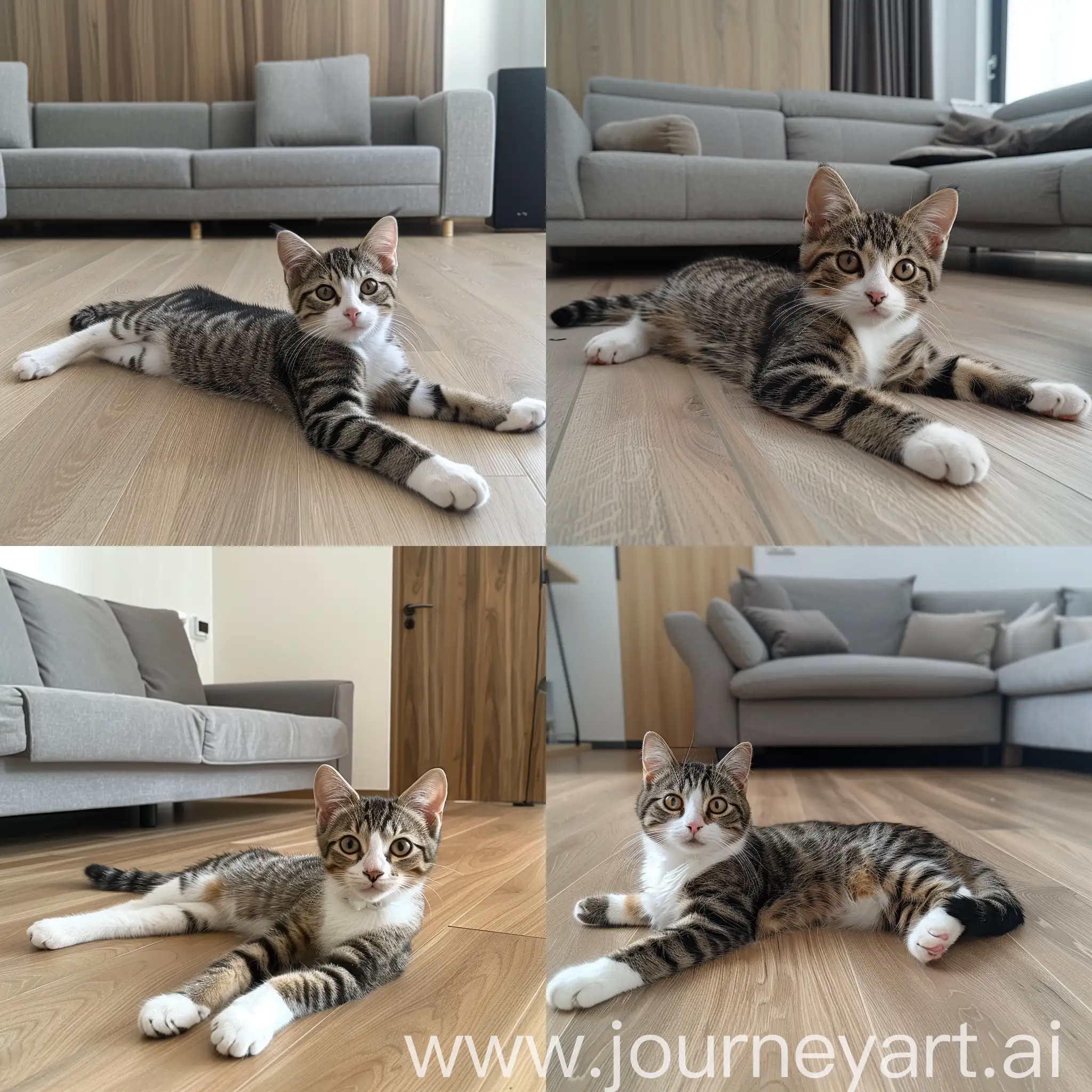 Tabby-Cat-Resting-on-Light-Wooden-Floor-in-Living-Room