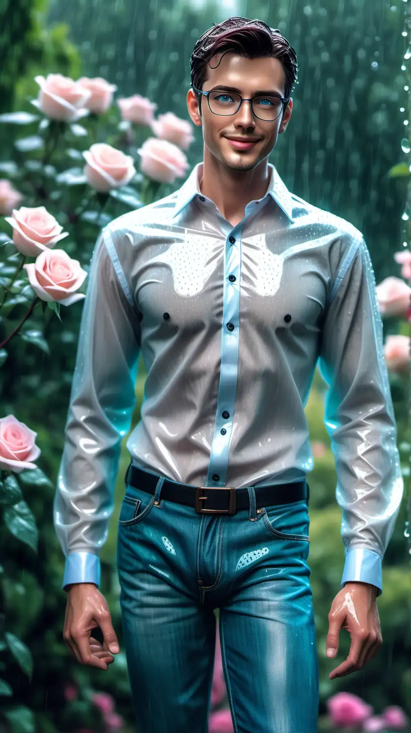 A handsome male life like android standing under rain in a rose garden. He has short hair,  stubbles, glasses and glowing aquamarine eyes. His white buttoned shirt became transparent under the rain. His jeans cling onto their legs. He is smiling, looking at the camera 