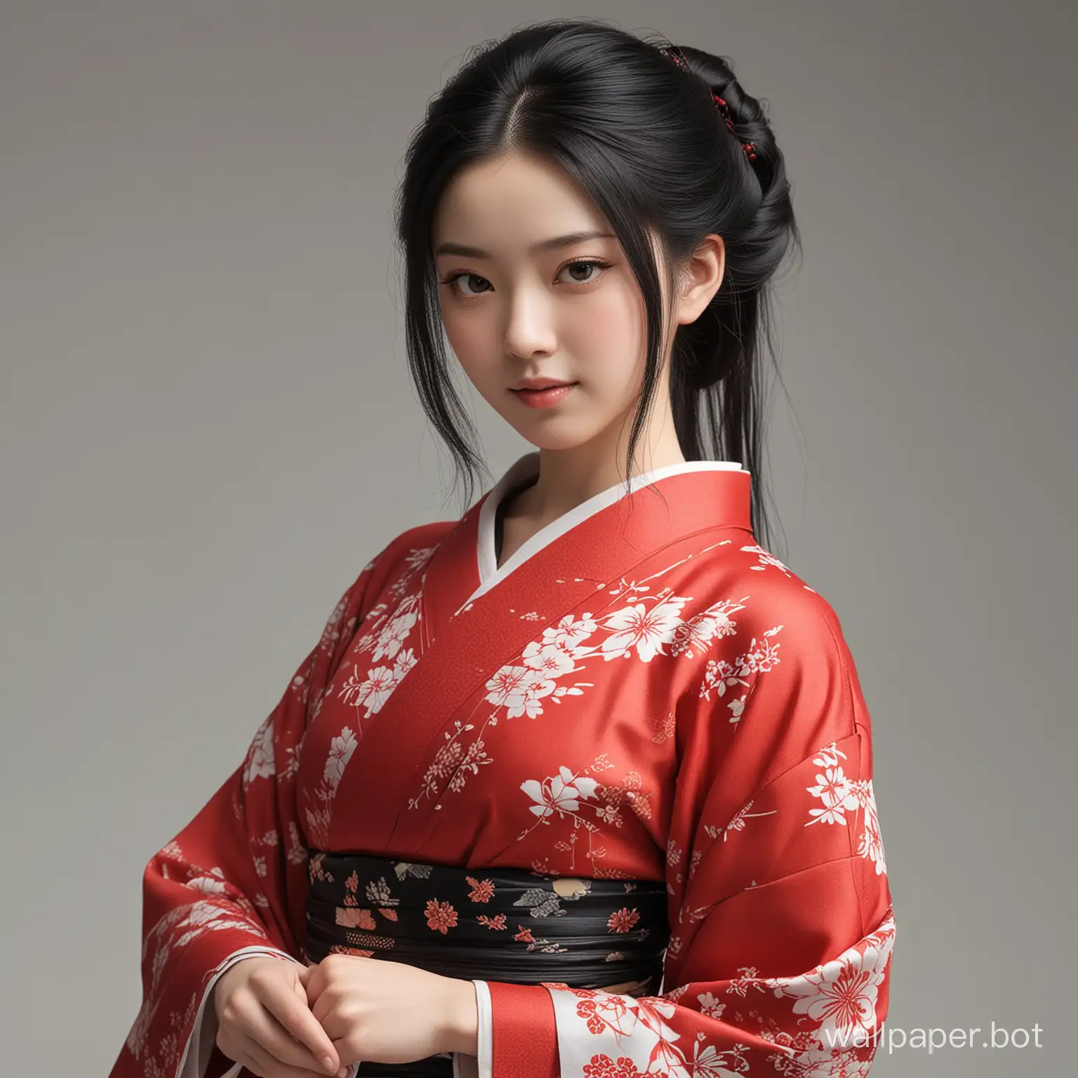 photorealism, porcelain skin, japan girl, graceful forms, kind eyes, perfect figure, slight smile. long black hair. red short kimono.