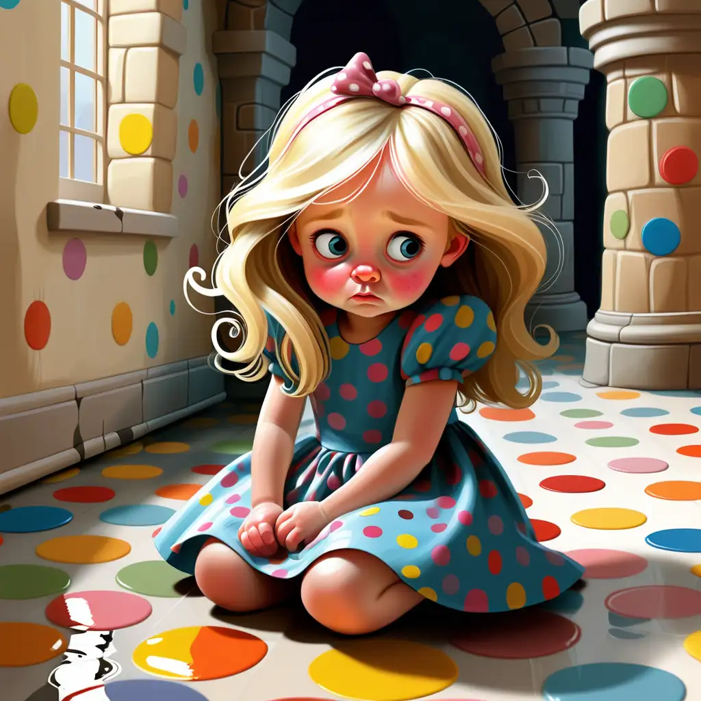 Book illustration: Little long blond haired 3-year old princess, with polka dot dress, sadly looking down, little puddles on the floor, the colorful castle