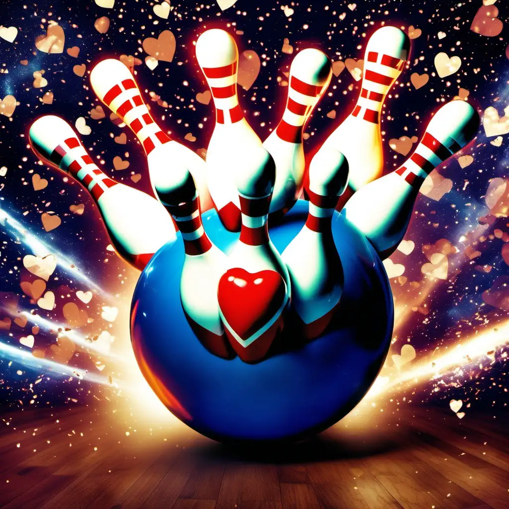 a bowling ball with bowling pins behind it with  large exploding hearts with a married couple in the center cuddled with an outer space effect and subtle light effects